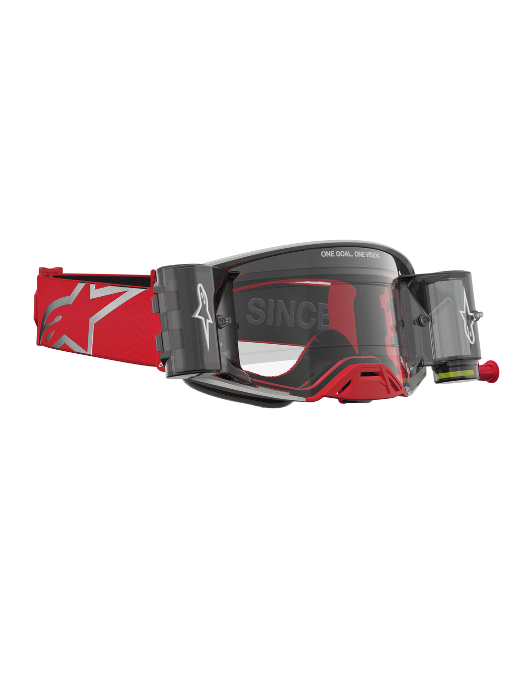 Alpinestars Supertech Firma Roll Off goggles, motocrossglasögon med roll-off-system, röda och silver, klar lins, för terrängkörning.