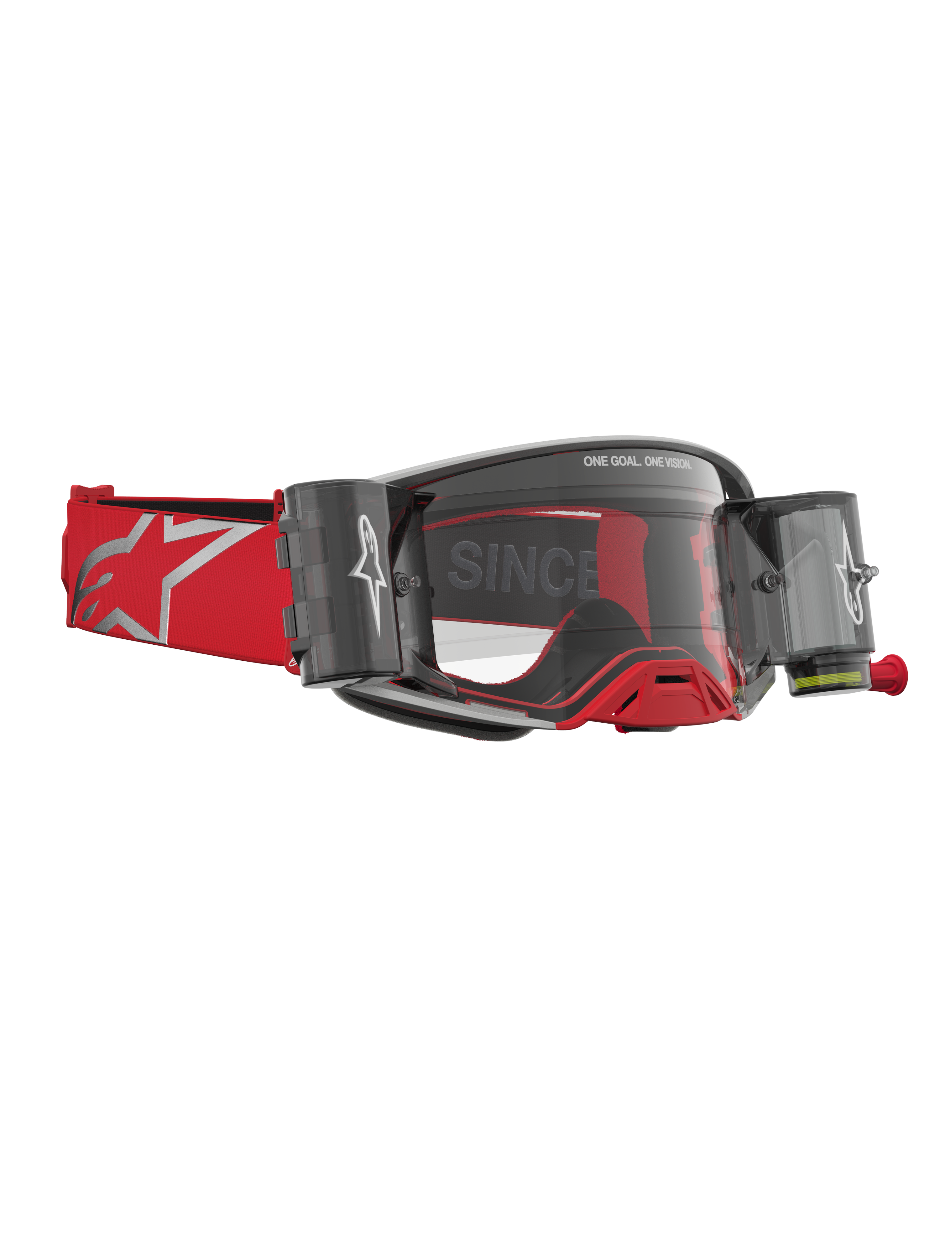 Alpinestars Supertech Firma Roll Off goggles, motocrossglasögon med roll-off-system, röda och silver, klar lins, för terrängkörning.