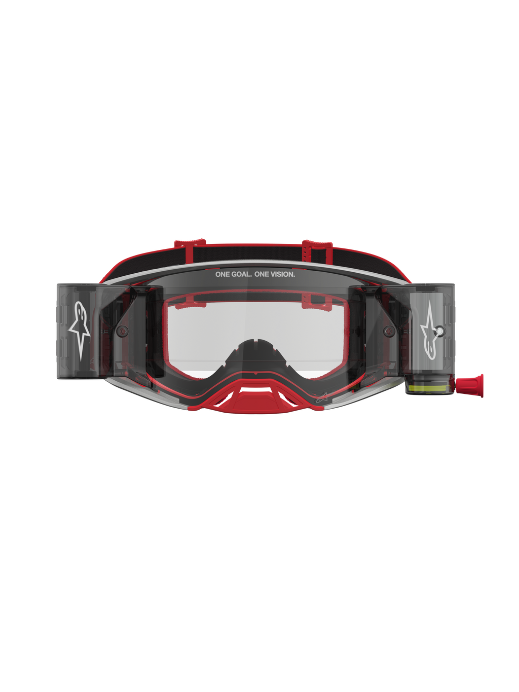 Alpinestars Supertech Firma Roll Off goggles, röda och silvriga motocrossgoggles för off-road racing, utrustade med klara linser och roll-off-system.