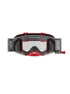 Alpinestars Supertech Firma Roll Off goggles, röda och silvriga motocrossgoggles för off-road racing, utrustade med klara linser och roll-off-system.