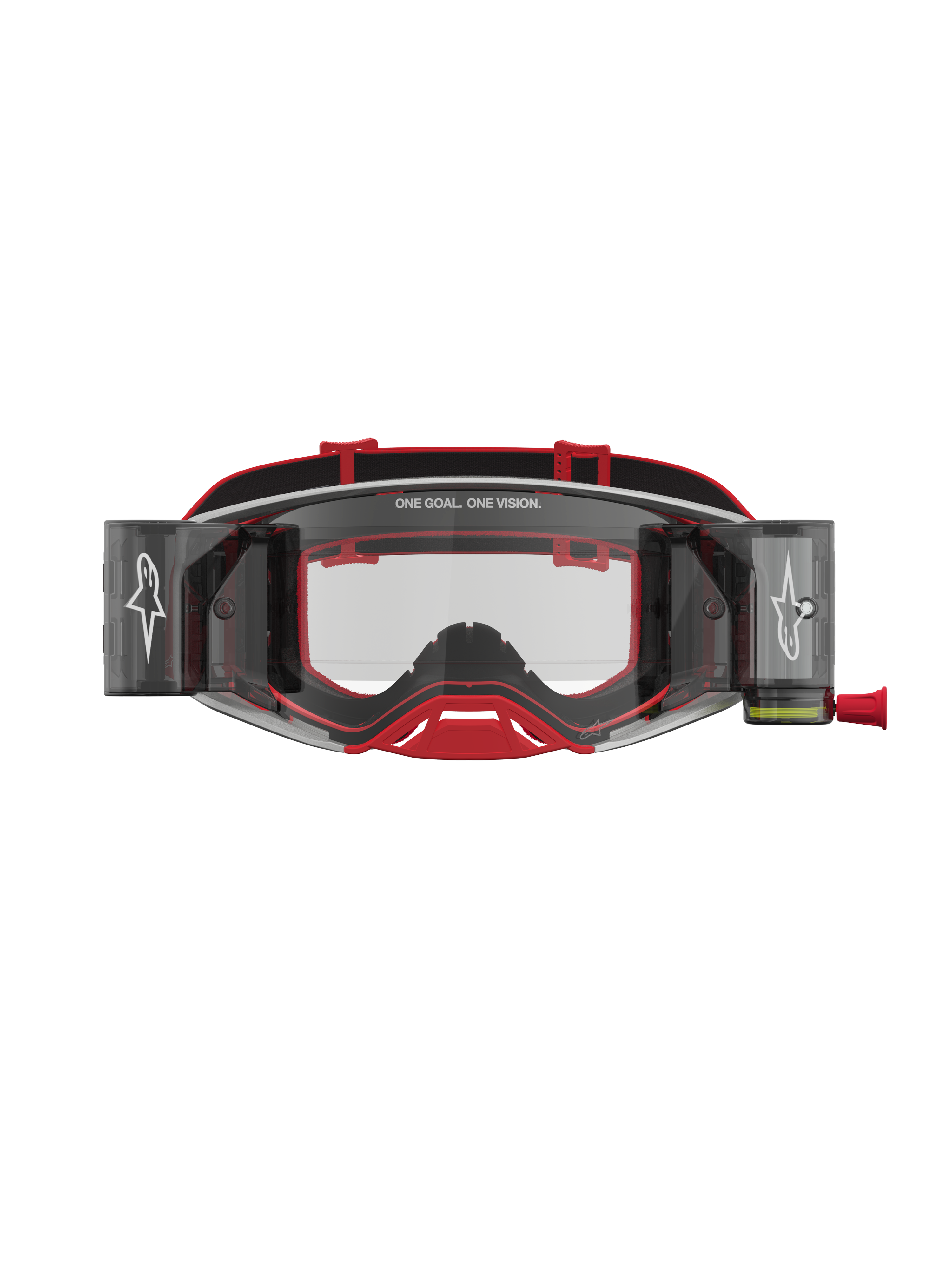 Alpinestars Supertech Firma Roll Off goggles, röda och silvriga motocrossgoggles för off-road racing, utrustade med klara linser och roll-off-system.