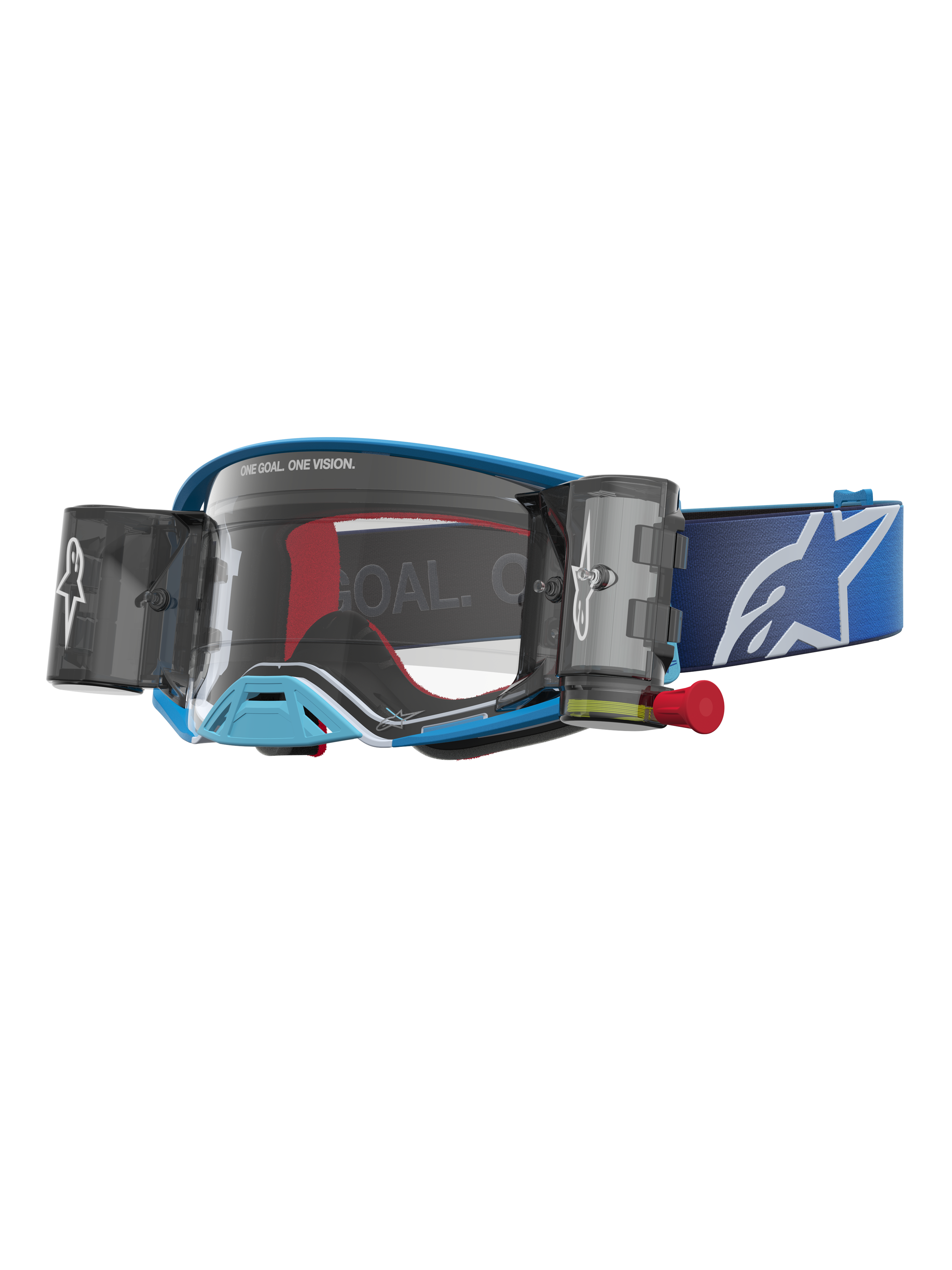 Alpinestars Supertech Firma roll-off-goggles, blå motocrossglasögon med klar lins och integrerat roll-off-system.