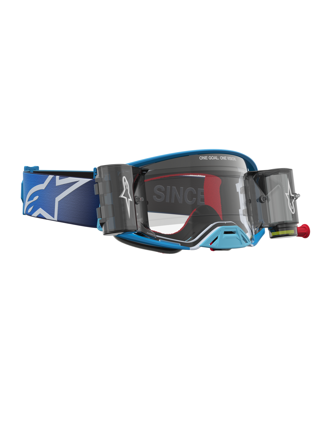 Alpinestars Supertech Firma Roll Off Goggles, blue and silver motocross goggles with clear lens and roll-off canisters.