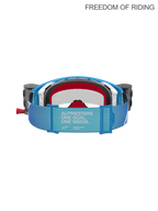 Alpinestars Supertech Firma Roll Off Goggles, Motocross Racing Goggles, Blue and Silver with Red foam, back view showing the 'One Goal. One Vision.' manifesto on the strap and side roll-off system canisters, clear lens for off-road and Supercross performance.