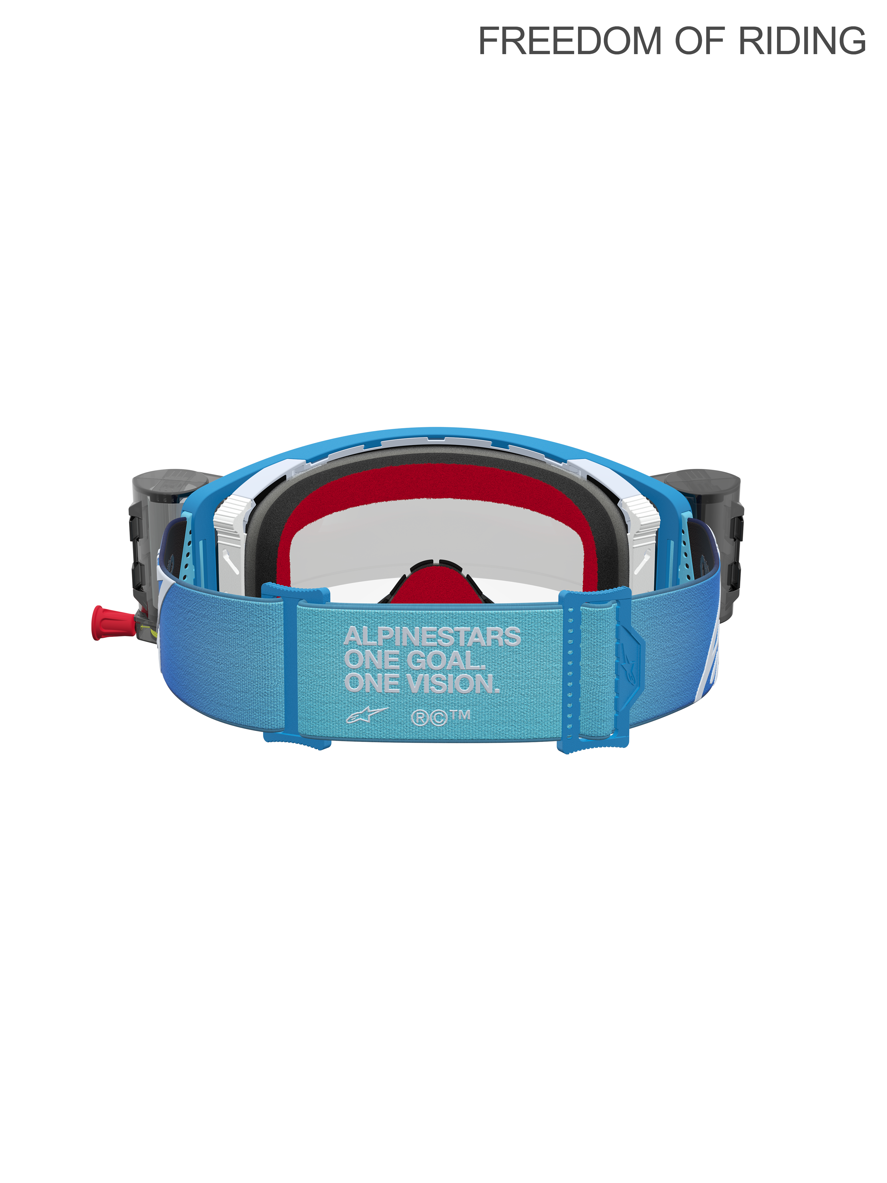 Alpinestars Supertech Firma Roll Off Goggles, Motocross Racing Goggles, Blue and Silver with Red foam, back view showing the 'One Goal. One Vision.' manifesto on the strap and side roll-off system canisters, clear lens for off-road and Supercross performance.