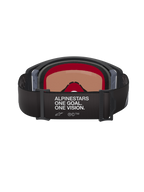 Alpinestars Supertech Corp Goggles Absolute Vision, motocrossglasögon, svart och grå, vy bakifrån som visar svart justerbart band med vit text 'ALPINESTARS ONE GOAL. ONE VISION.', varmtonad lins och flerskikts ansiktsskum.