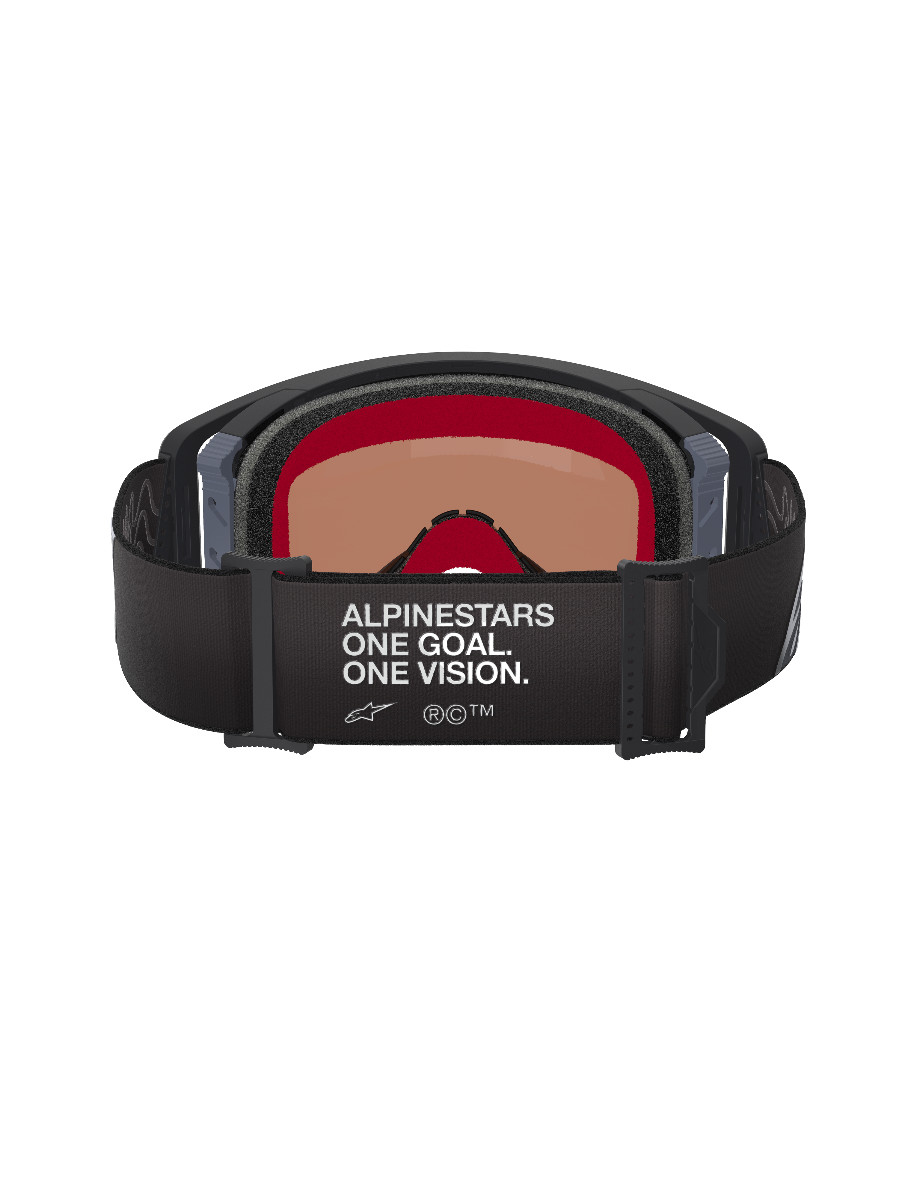 Alpinestars Supertech Corp Goggles Absolute Vision, motocrossglasögon, svart och grå, vy bakifrån som visar svart justerbart band med vit text 'ALPINESTARS ONE GOAL. ONE VISION.', varmtonad lins och flerskikts ansiktsskum.