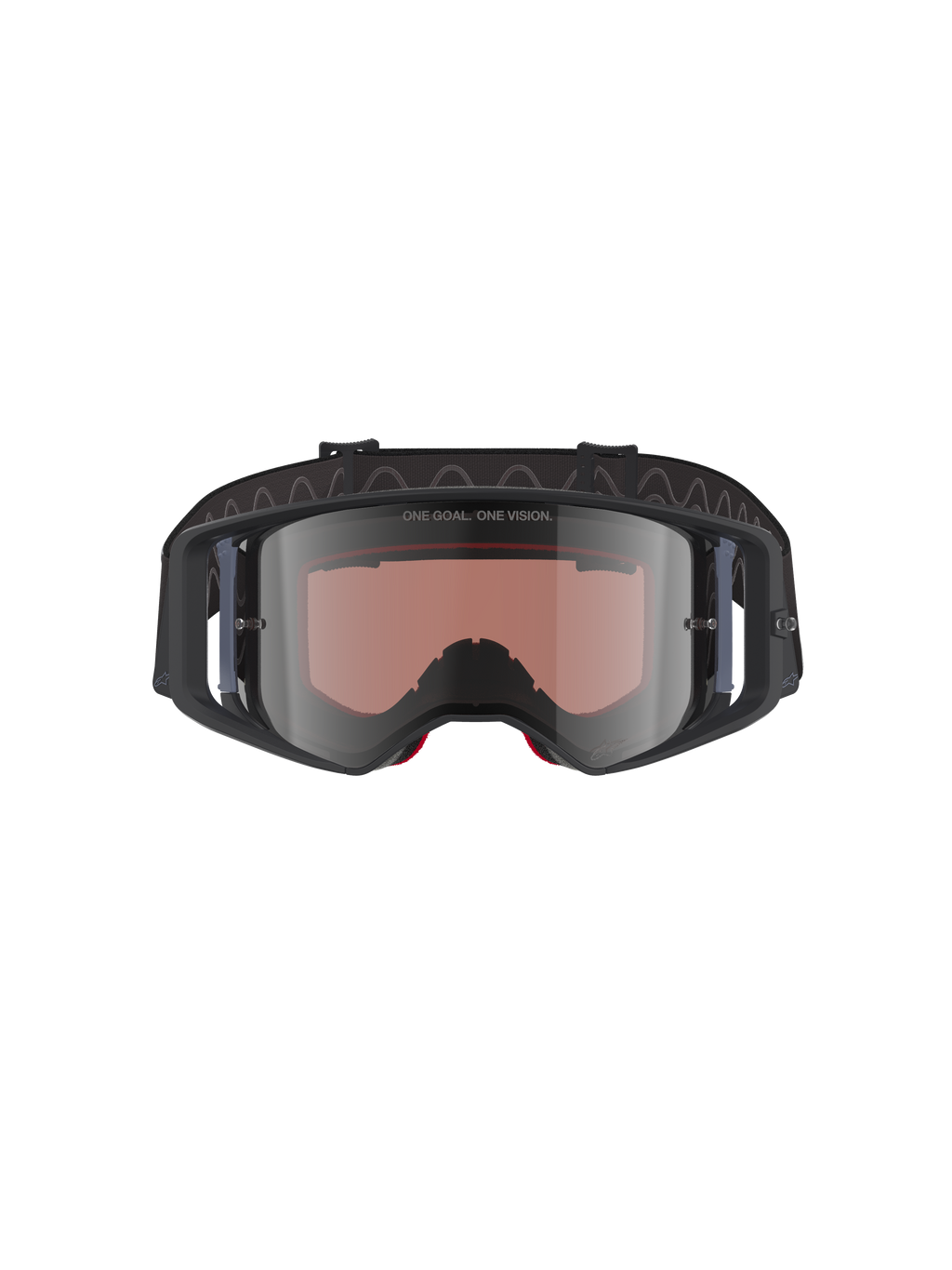 Alpinestars Supertech Corp Absolute Vision-glasögon, motocrossglasögon, svart grå spegelsilver, med texten "ONE GOAL. ONE VISION." på linsen, polykarbonatlins med brett synfält, högpresterande ögonskydd för terrängkörning