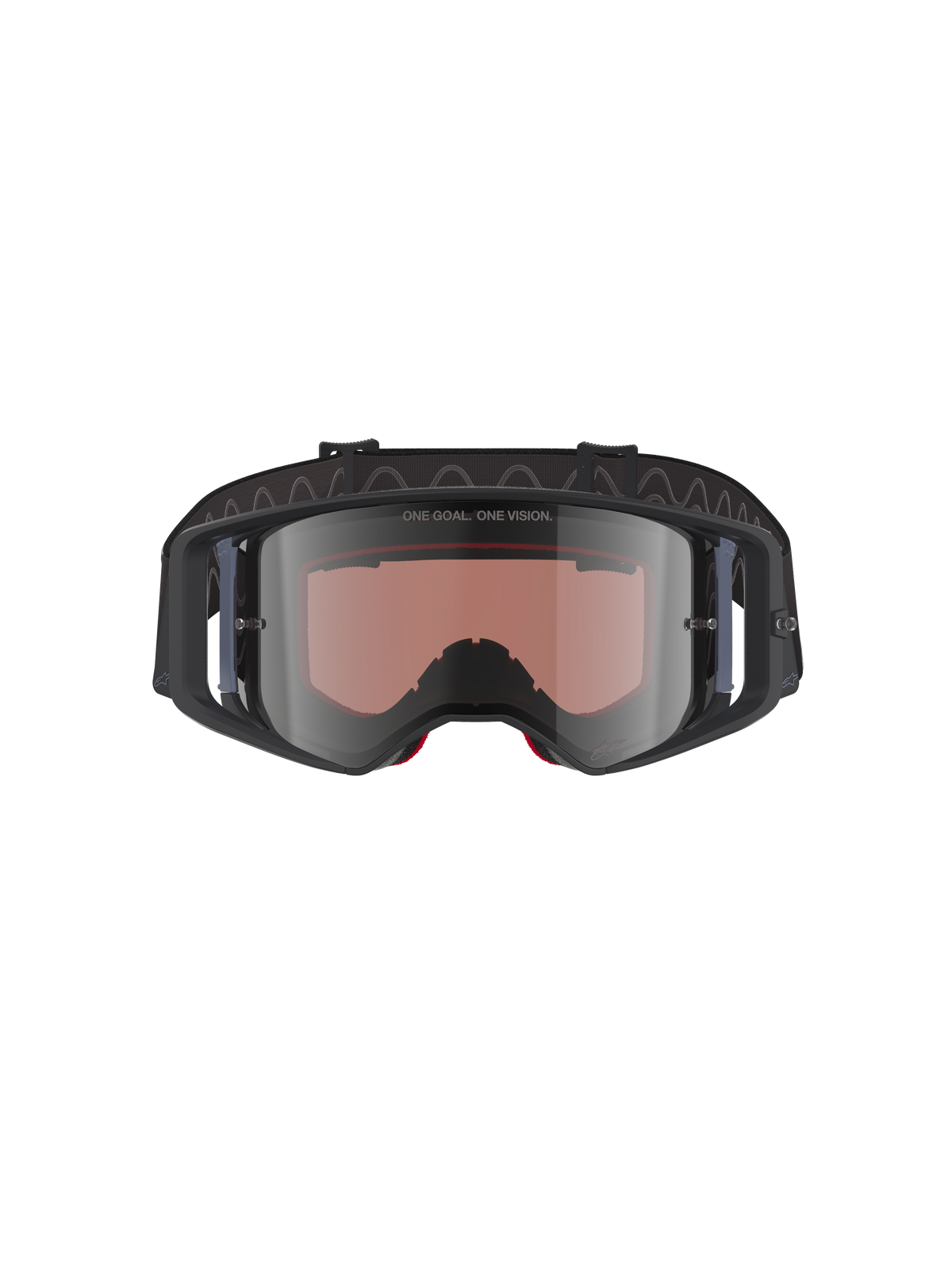 Alpinestars Supertech Corp Absolute Vision-glasögon, motocrossglasögon, svart grå spegelsilver, med texten "ONE GOAL. ONE VISION." på linsen, polykarbonatlins med brett synfält, högpresterande ögonskydd för terrängkörning