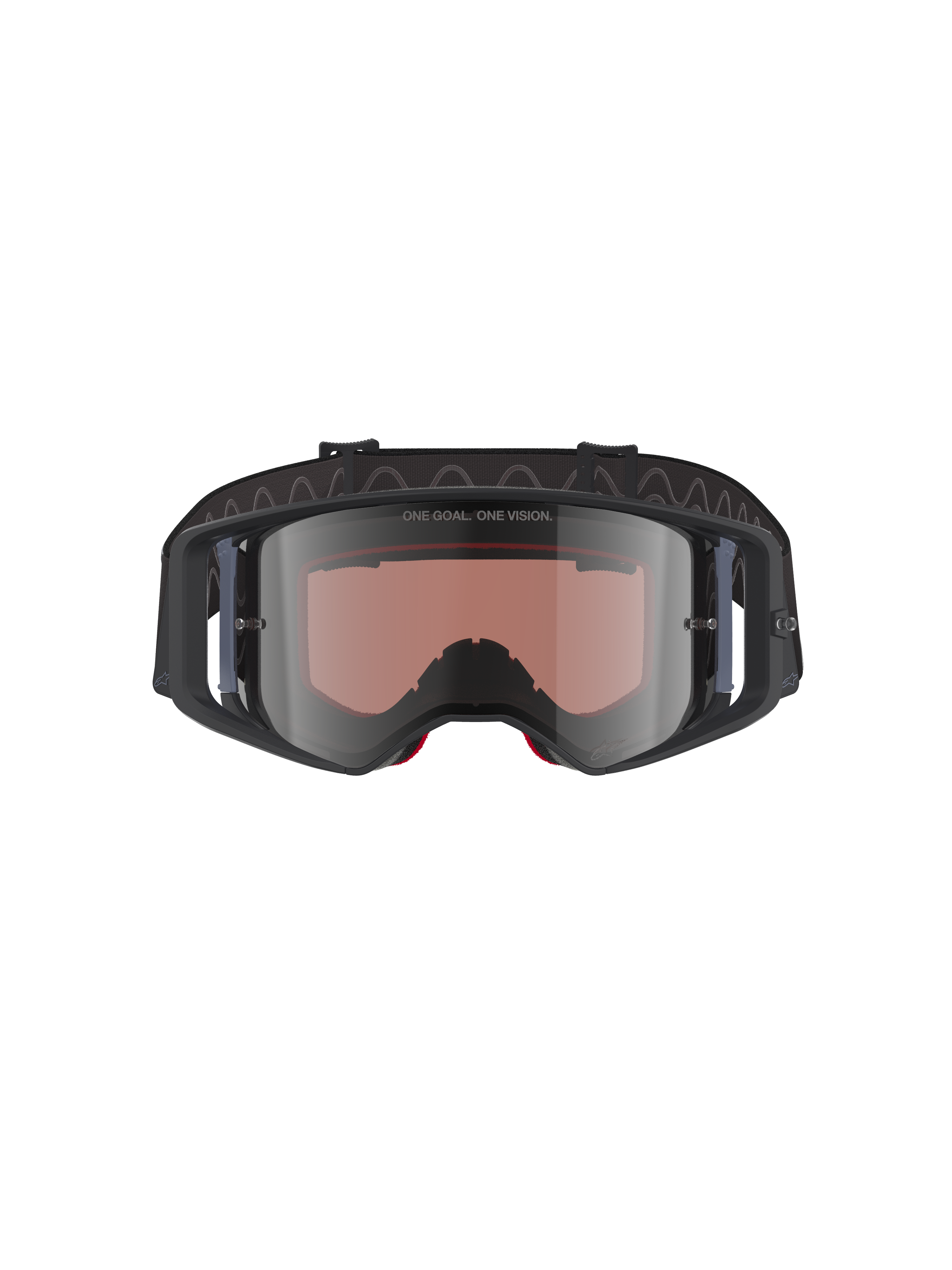 Alpinestars Supertech Corp Absolute Vision-glasögon, motocrossglasögon, svart grå spegelsilver, med texten "ONE GOAL. ONE VISION." på linsen, polykarbonatlins med brett synfält, högpresterande ögonskydd för terrängkörning