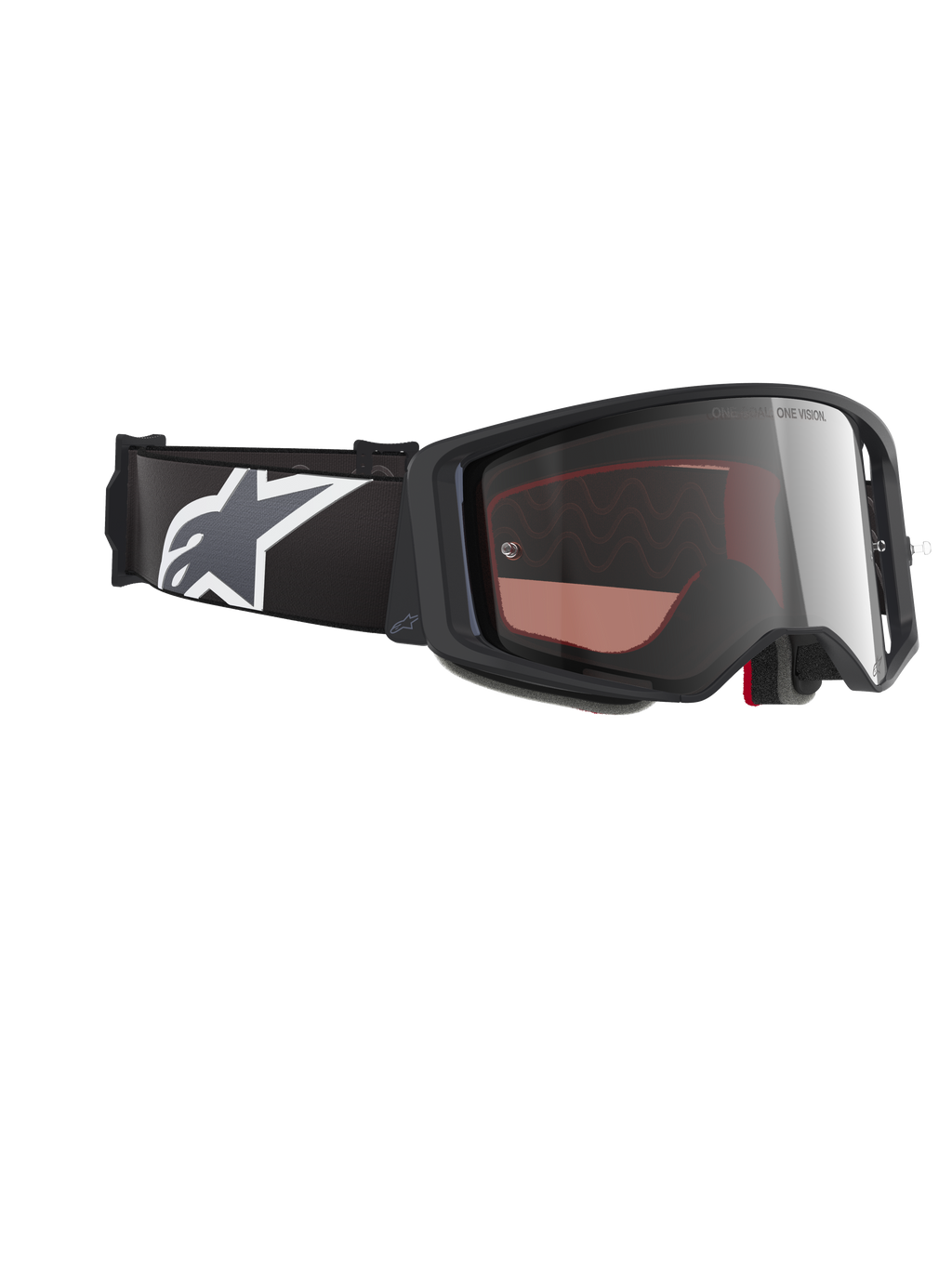 Alpinestars Supertech Corp Goggles Absolute Vision, motocrossglasögon, svart och grå ram med Mirror Silver-lins, brett svart band med vit och grå Astars-logotyp, högpresterande glasögon för terrängkörning