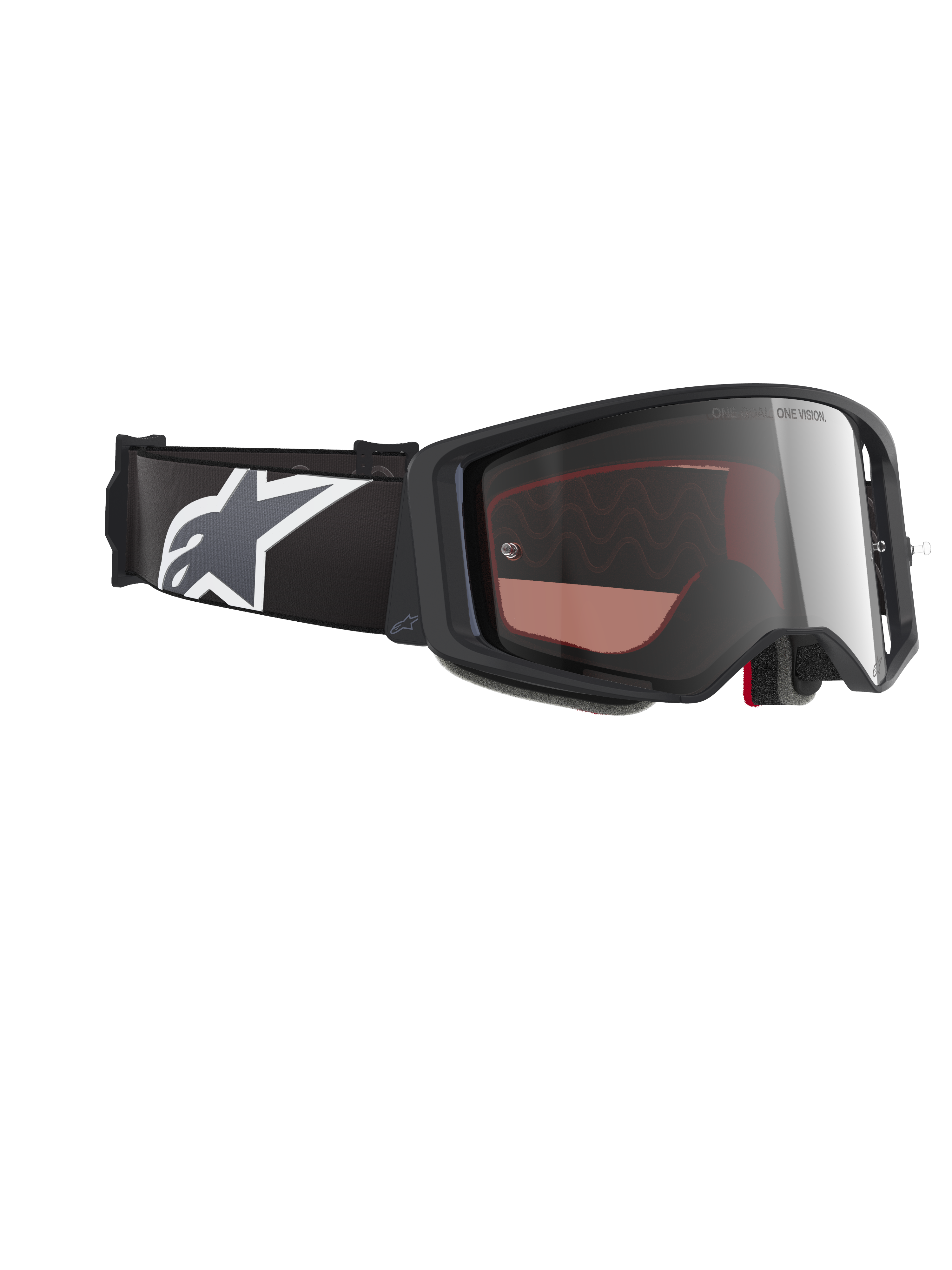 Alpinestars Supertech Corp Goggles Absolute Vision, motocrossglasögon, svart och grå ram med Mirror Silver-lins, brett svart band med vit och grå Astars-logotyp, högpresterande glasögon för terrängkörning