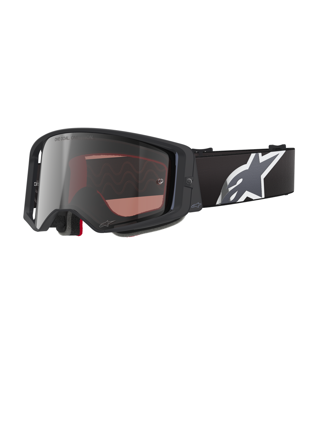 Alpinestars Supertech Corp Goggles Absolute Vision, motocrossglasögon, svarta och grå med silverspegelglas, vinklad ram, justerbar svart rem med en framträdande vit stjärnlogotyp, flerskikts ansiktsskum för terrängkörning