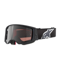 Alpinestars Supertech Corp Goggles Absolute Vision, motocrossglasögon, svarta och grå med silverspegelglas, vinklad ram, justerbar svart rem med en framträdande vit stjärnlogotyp, flerskikts ansiktsskum för terrängkörning