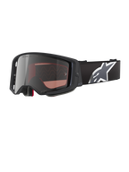 Alpinestars Supertech Corp Goggles Absolute Vision, motocrossglasögon, svarta och grå med silverspegelglas, vinklad ram, justerbar svart rem med en framträdande vit stjärnlogotyp, flerskikts ansiktsskum för terrängkörning