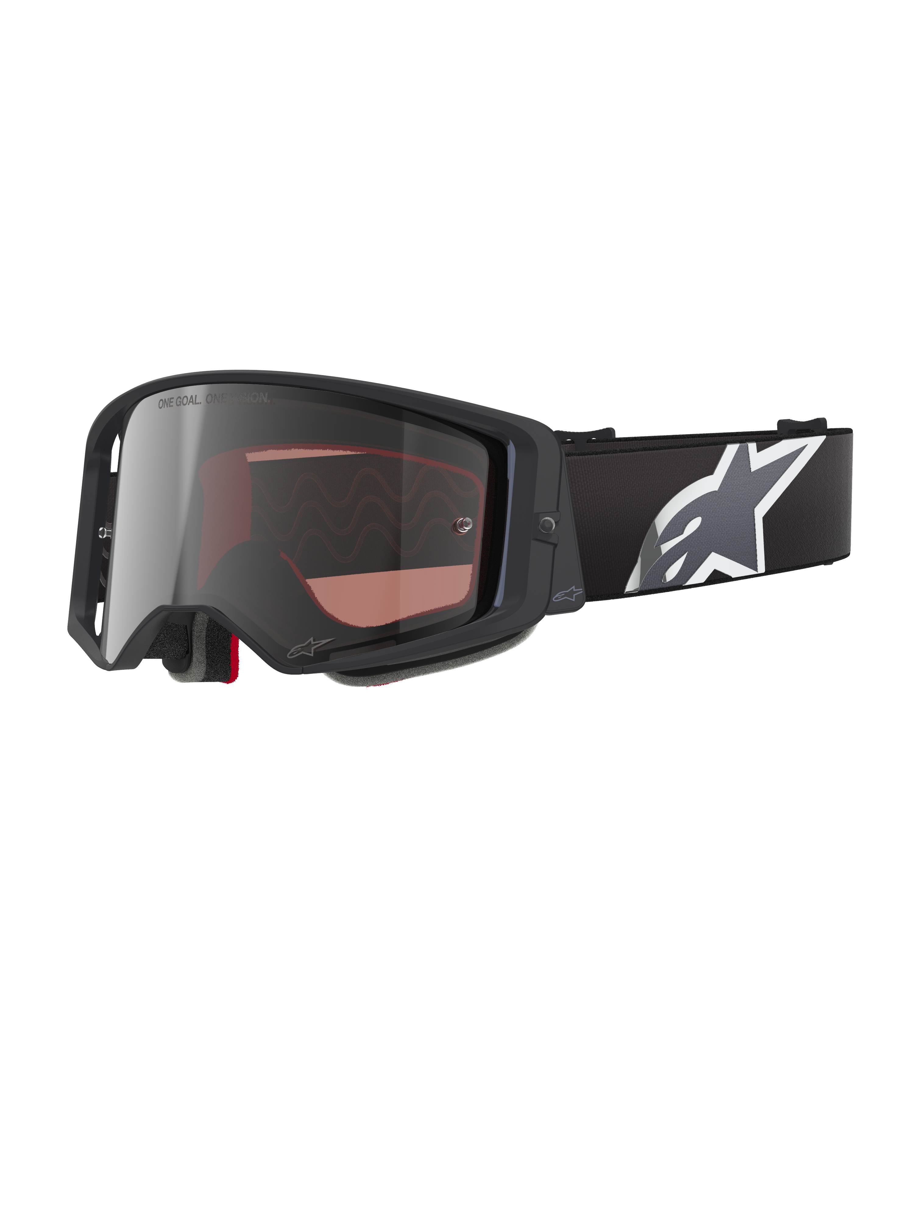 Alpinestars Supertech Corp Goggles Absolute Vision, motocrossglasögon, svarta och grå med silverspegelglas, vinklad ram, justerbar svart rem med en framträdande vit stjärnlogotyp, flerskikts ansiktsskum för terrängkörning