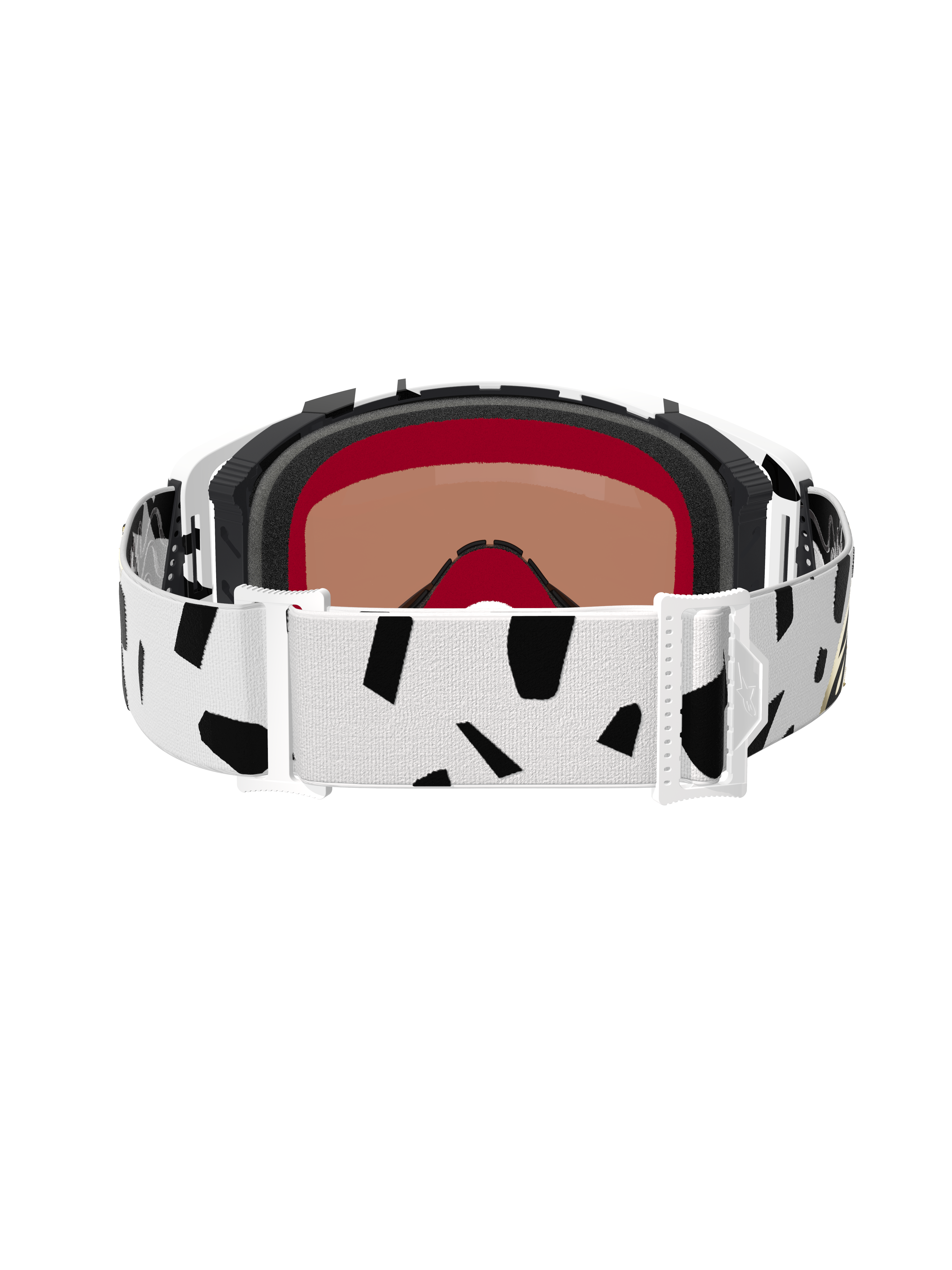 Rear view of Alpinestars Supertech Corp Goggles Absolute Vision, White Gold Mirror Gold, featuring a white strap with black abstract patterns, white adjustment buckles, and multi-layer face foam for motocross and off-road racing.
