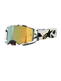 Alpinestars Supertech Corp Goggles Absolute Vision, Motocross Goggles, white and black patterned frame with gold mirror lens, wide strap with black abstract design and gold Alpinestars logo, "ONE GOAL. ONE VISION." branding on lens, high-performance racing gear.