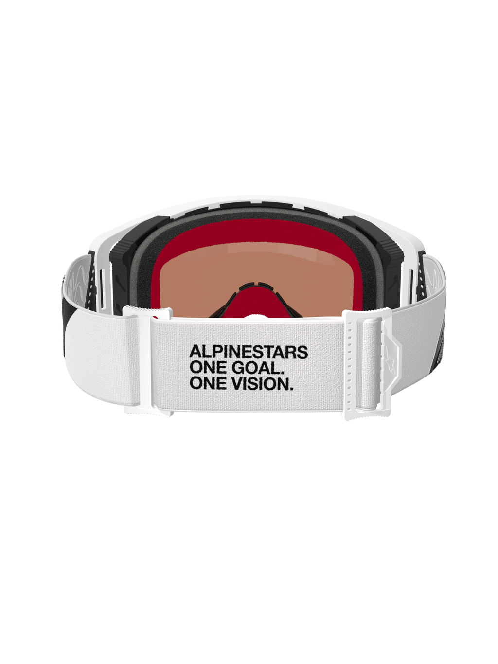 Alpinestars Supertech Corp Goggles Absolute Vision, motocrossglasögon, vit och silverfärgad spegel, baksida som visar vitt band med texten 'ALPINESTARS ONE GOAL. ONE VISION.', flerskikts ansiktsskum och stilren vit ramdesign