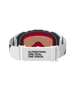 Alpinestars Supertech Corp Goggles Absolute Vision, motocrossglasögon, vit och silverfärgad spegel, baksida som visar vitt band med texten 'ALPINESTARS ONE GOAL. ONE VISION.', flerskikts ansiktsskum och stilren vit ramdesign