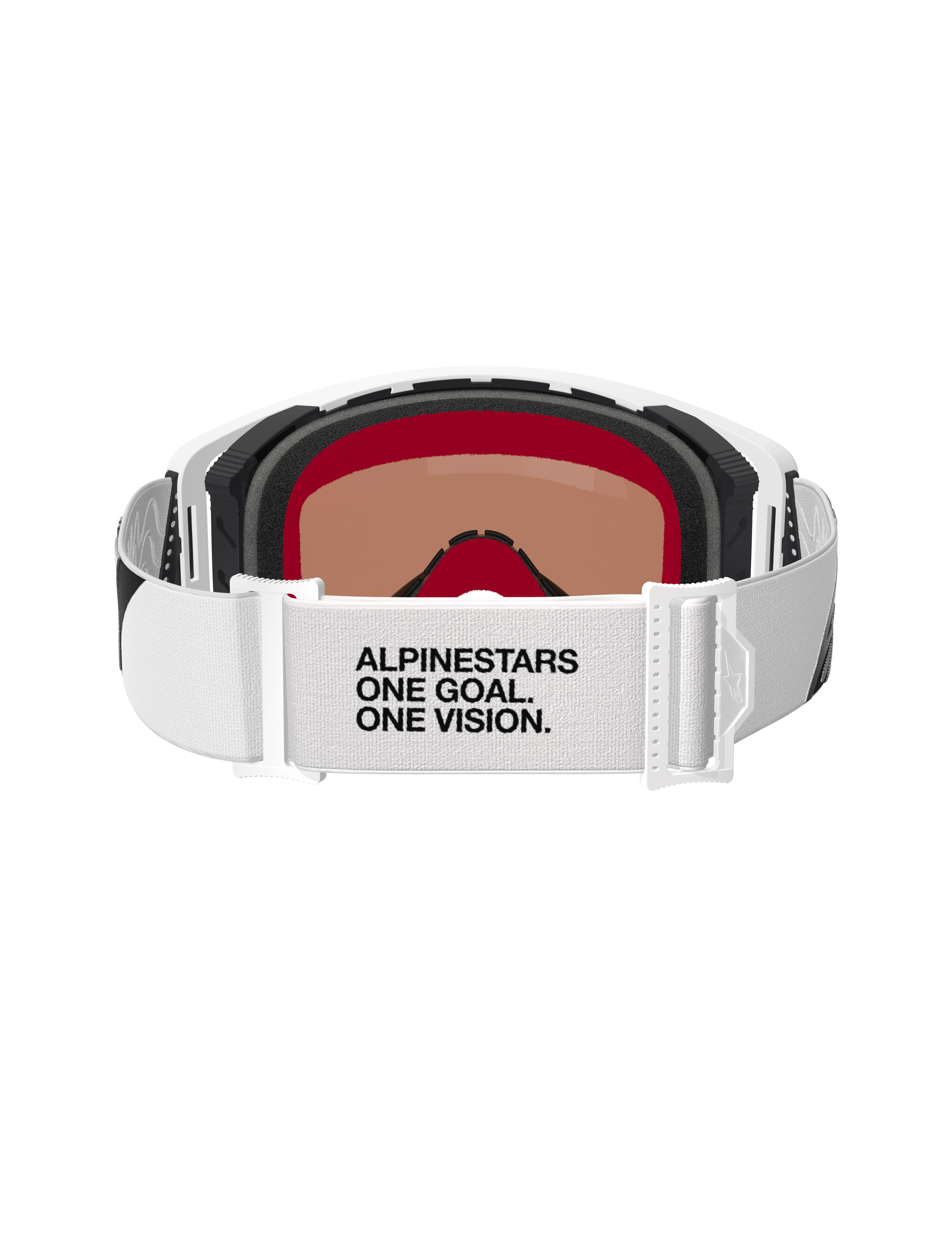 Alpinestars Supertech Corp Goggles Absolute Vision, motocrossglasögon, vit och silverfärgad spegel, baksida som visar vitt band med texten 'ALPINESTARS ONE GOAL. ONE VISION.', flerskikts ansiktsskum och stilren vit ramdesign
