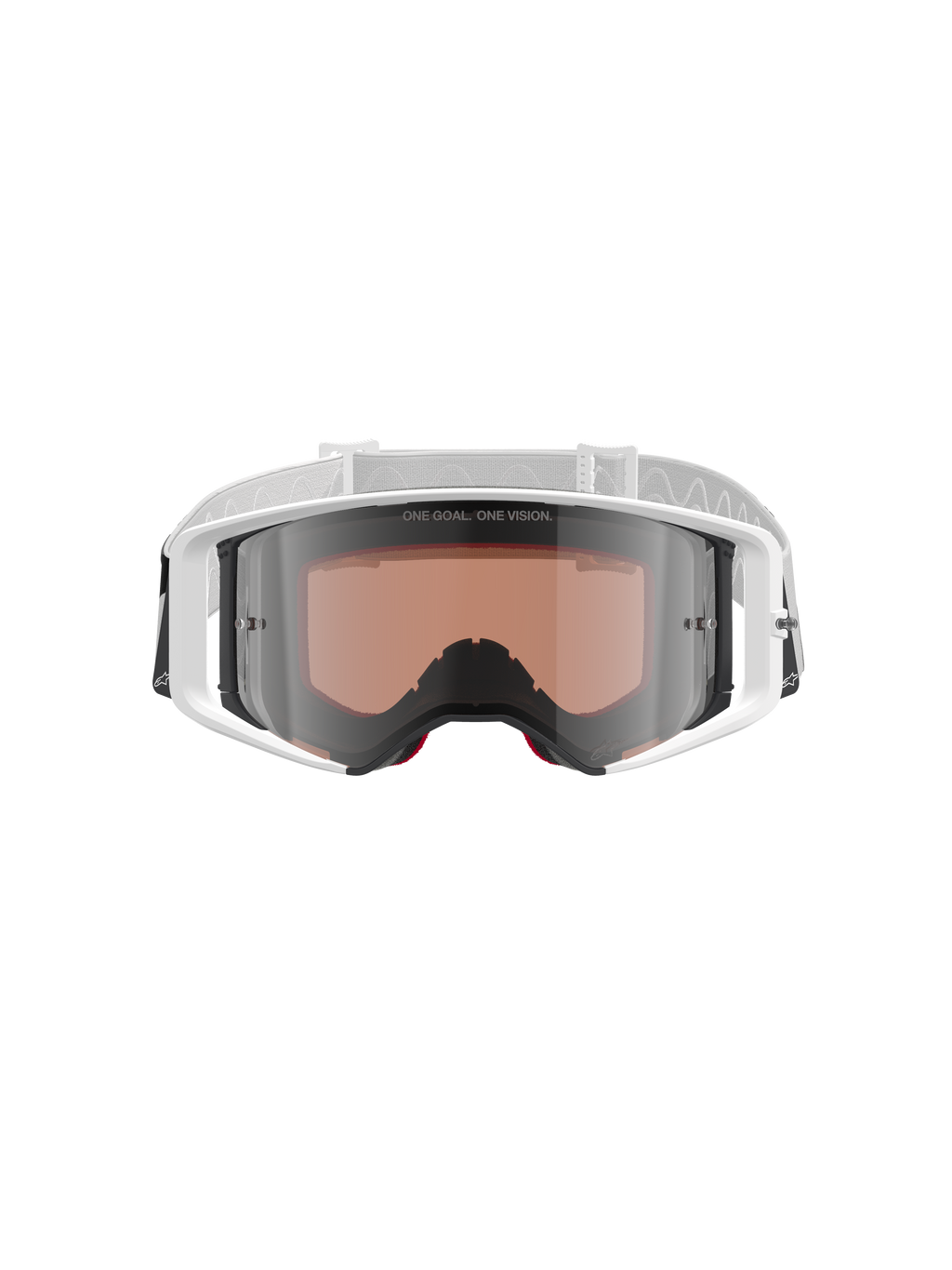 Alpinestars Supertech Corp Goggles Absolute Vision, motocrossglasögon, vit och spegelsilver, vy framifrån med vit ram och silverspeglad lins med texten "ONE GOAL. ONE VISION.", justerbart vitt band med Alpinestars-logotyp, högpresterande skyddsglasögon för terrängkörning