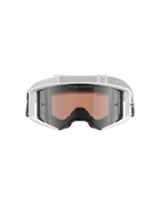 Alpinestars Supertech Corp Goggles Absolute Vision, motocrossglasögon, vit och spegelsilver, vy framifrån med vit ram och silverspeglad lins med texten "ONE GOAL. ONE VISION.", justerbart vitt band med Alpinestars-logotyp, högpresterande skyddsglasögon för terrängkörning