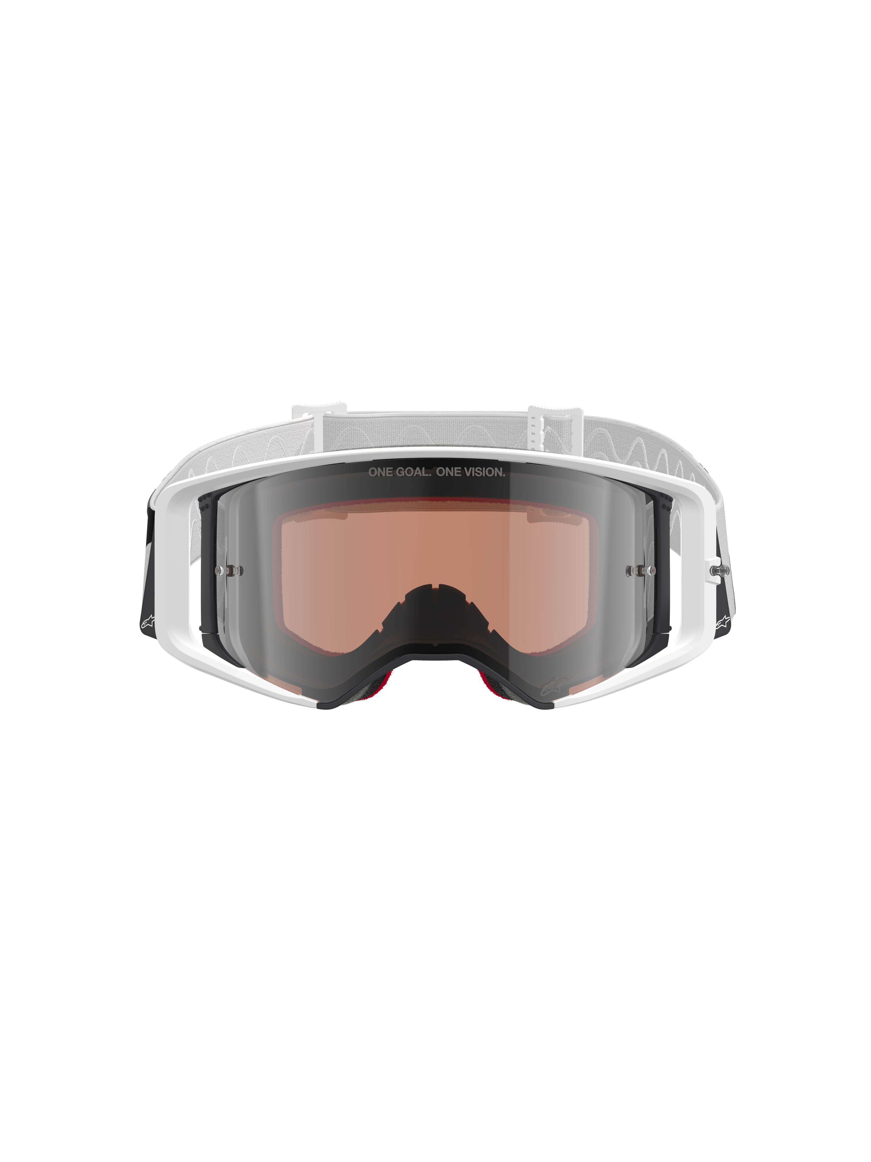 Alpinestars Supertech Corp Goggles Absolute Vision, motocrossglasögon, vit och spegelsilver, vy framifrån med vit ram och silverspeglad lins med texten "ONE GOAL. ONE VISION.", justerbart vitt band med Alpinestars-logotyp, högpresterande skyddsglasögon för terrängkörning