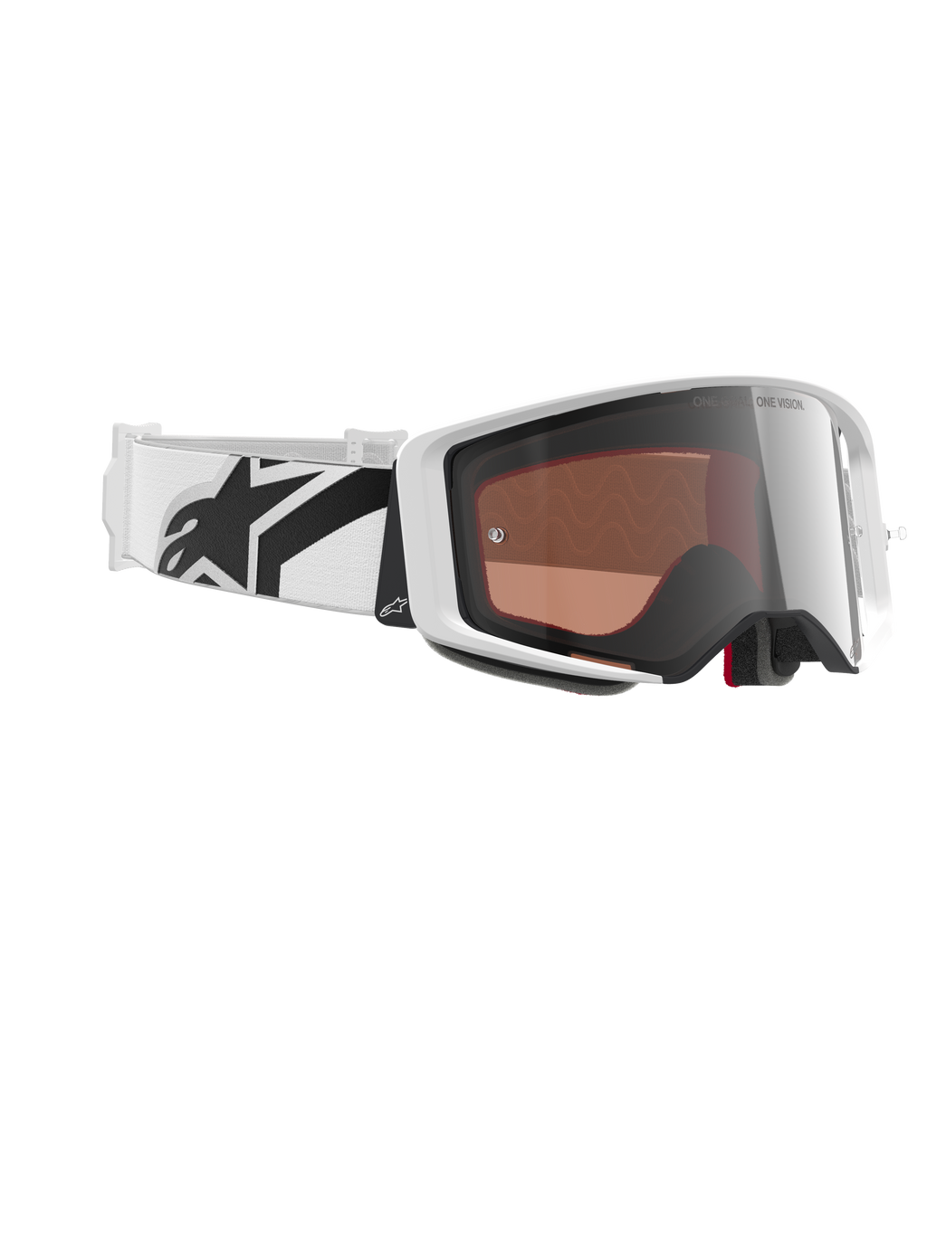 Alpinestars Supertech Corp Absolute Vision-glasögon, motocrossglasögon, vit och spegelsilver, med en vit ram och reflekterande silverlins, brett vitt justerbart band med tydlig svart stjärnlogotyp, professionella racingglasögon för terrängkörning