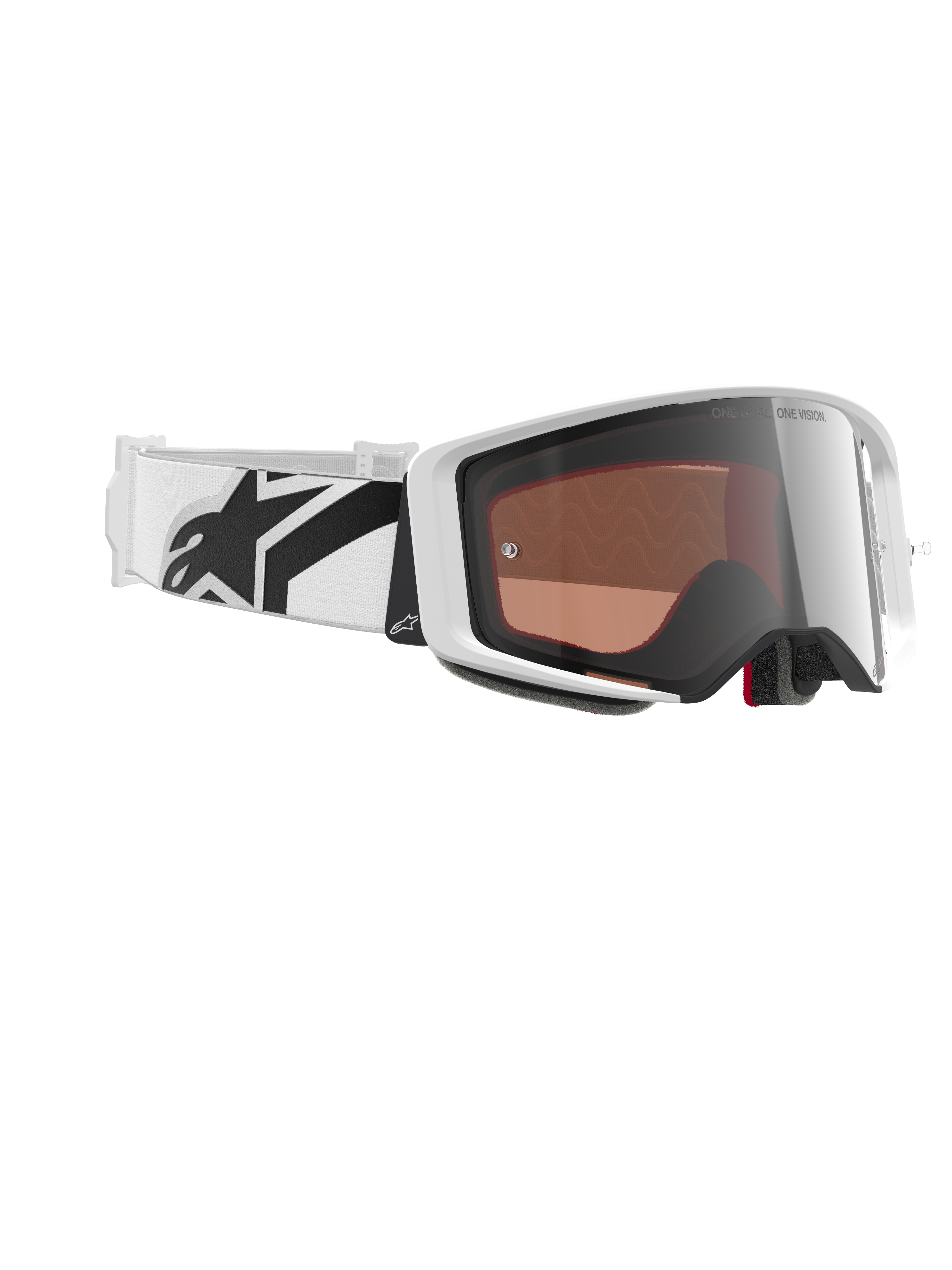 Alpinestars Supertech Corp Absolute Vision-glasögon, motocrossglasögon, vit och spegelsilver, med en vit ram och reflekterande silverlins, brett vitt justerbart band med tydlig svart stjärnlogotyp, professionella racingglasögon för terrängkörning