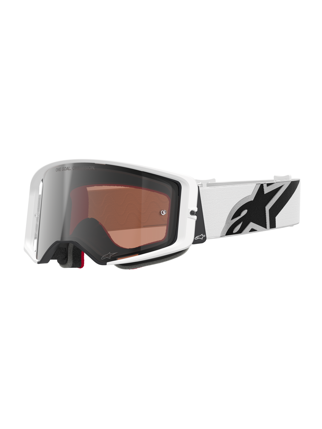 Alpinestars Supertech Corp Goggles Absolute Vision, motocrossglasögon, vit ram med Silver Mirror-lins, brett vitt justerbart band med en stor svart Alpinestars-stjärnlogotyp, högpresterande skyddsglasögon för terrängkörning
