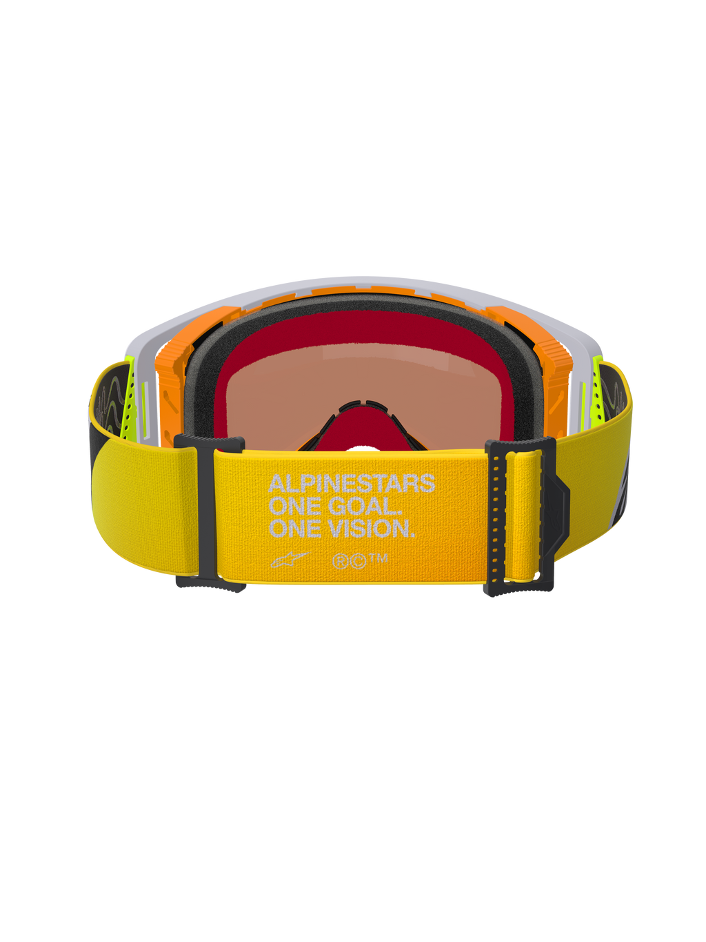 Alpinestars Supertech Corp Goggles Absolute Vision, Rear View, Yellow Fluo strap featuring "ALPINESTARS ONE GOAL. ONE VISION." branding, orange and grey frame with multi-layer black face foam, warm-tinted mirror lens, high-performance motocross eyewear