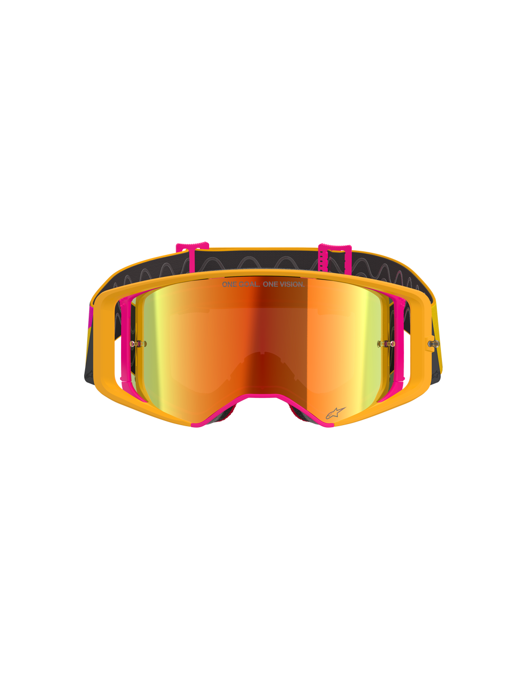 Alpinestars Supertech Corp Goggles Absolute Vision, motocrossglasögon, gul och rosa ram med röd spegellins, framifrån, med texten "ONE GOAL. ONE VISION." på linsen, justerbar svart rem med silikongrepp