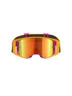 Alpinestars Supertech Corp Goggles Absolute Vision, motocrossglasögon, gul och rosa ram med röd spegellins, framifrån, med texten "ONE GOAL. ONE VISION." på linsen, justerbar svart rem med silikongrepp