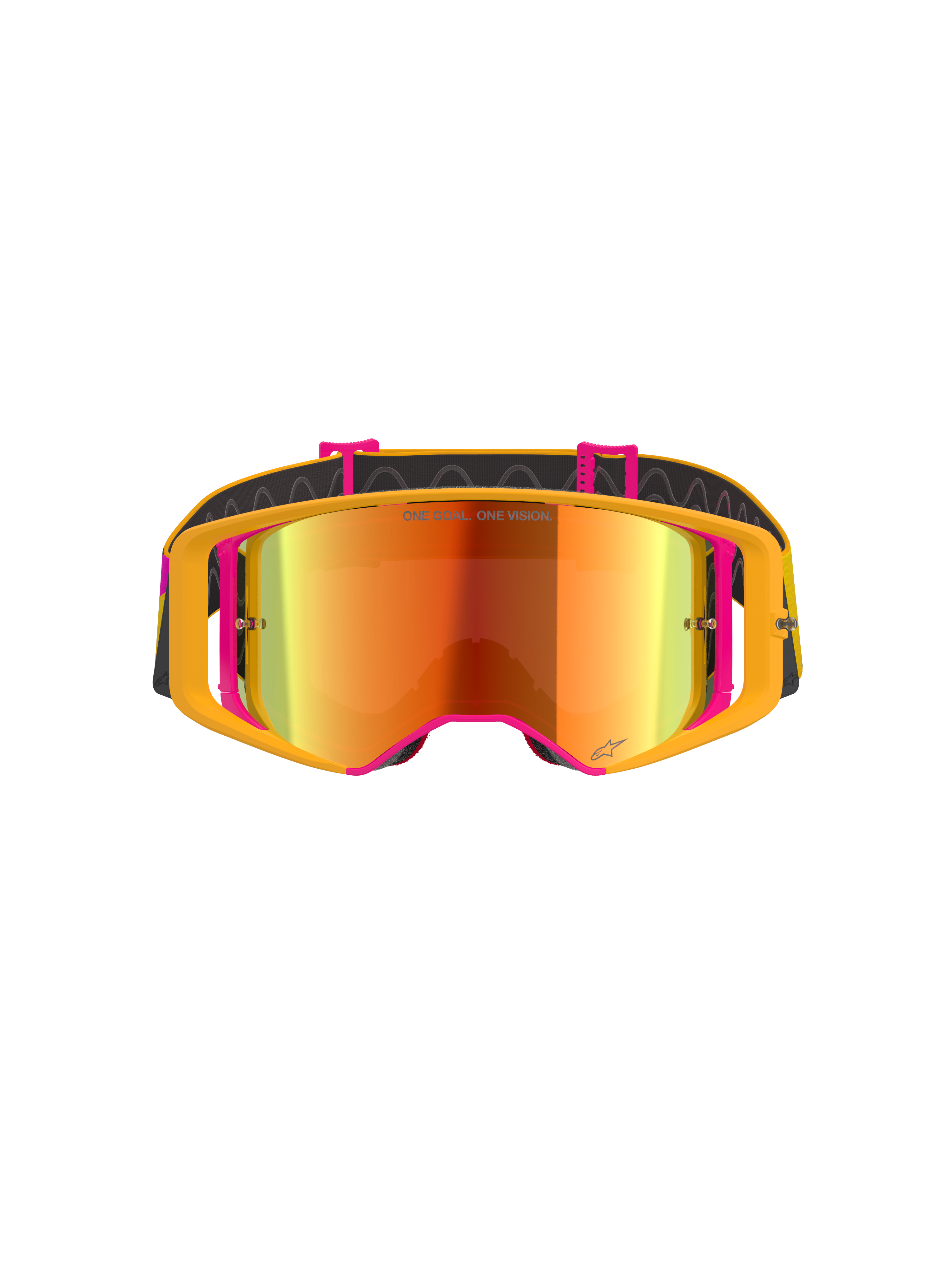 Alpinestars Supertech Corp Goggles Absolute Vision, motocrossglasögon, gul och rosa ram med röd spegellins, framifrån, med texten "ONE GOAL. ONE VISION." på linsen, justerbar svart rem med silikongrepp