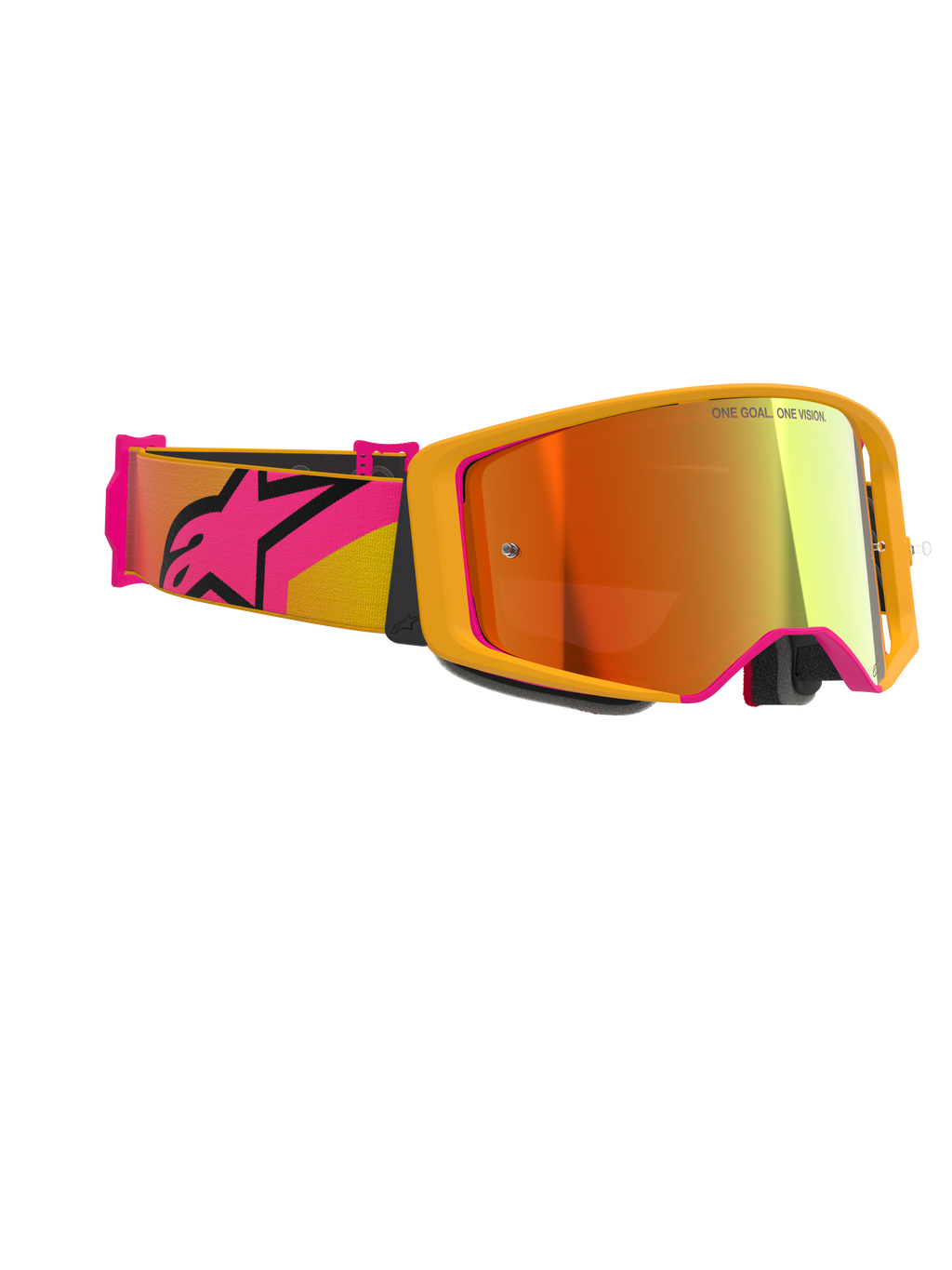Alpinestars Supertech Corp Goggles Absolute Vision, motocrossglasögon, gula med rosa detaljer och röd spegellins, brett rosa och gult band med en stor Alpinestars-logotyp, 'ONE GOAL. ONE VISION.' tryckt på linsen, högpresterande racingglasögon för terrängbruk