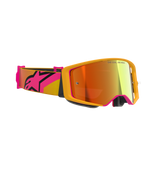Alpinestars Supertech Corp Goggles Absolute Vision, motocrossglasögon, gula med rosa detaljer och röd spegellins, brett rosa och gult band med en stor Alpinestars-logotyp, 'ONE GOAL. ONE VISION.' tryckt på linsen, högpresterande racingglasögon för terrängbruk