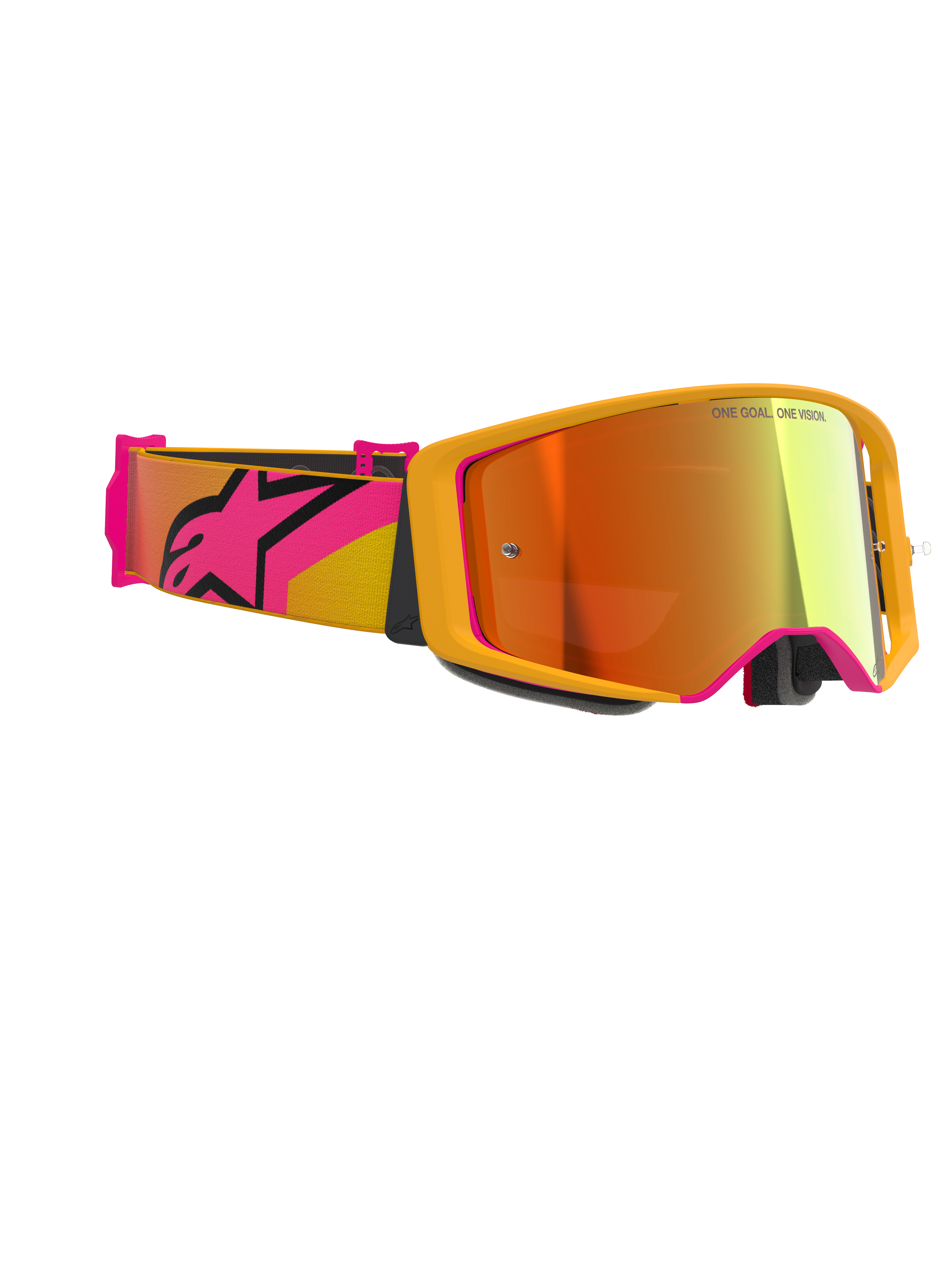 Alpinestars Supertech Corp Goggles Absolute Vision, motocrossglasögon, gula med rosa detaljer och röd spegellins, brett rosa och gult band med en stor Alpinestars-logotyp, 'ONE GOAL. ONE VISION.' tryckt på linsen, högpresterande racingglasögon för terrängbruk