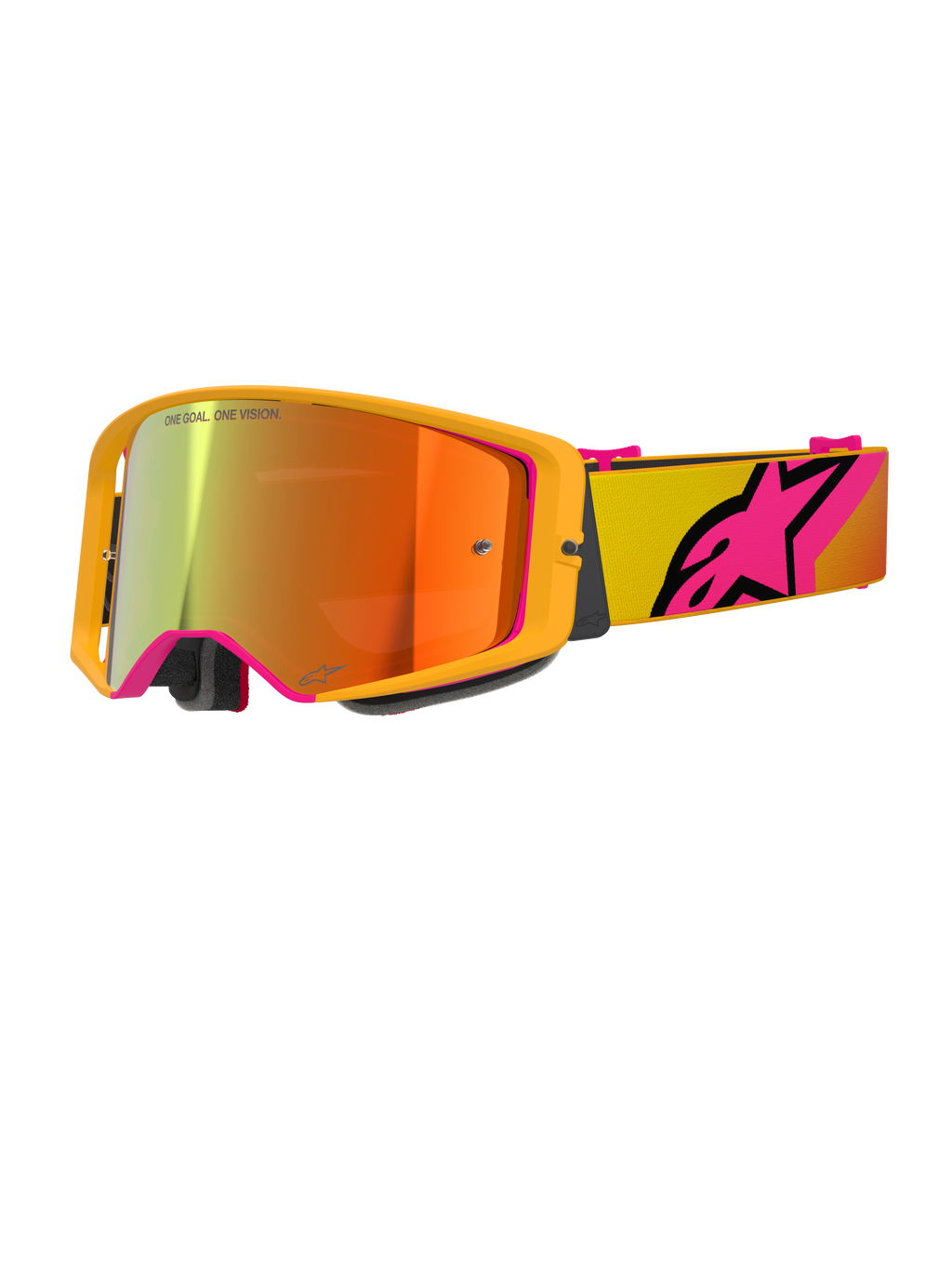 Alpinestars Supertech Corp Goggles Absolute Vision, motocrossglasögon, gul och rosa Mirror Red, med en klargul ram, spegellins med orangea och röda reflektioner, gult band med stor rosa Alpinestars-stjärnlogotyp, professionella glasögon för terrängkörning