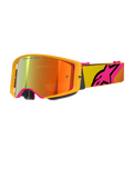 Alpinestars Supertech Corp Goggles Absolute Vision, motocrossglasögon, gul och rosa Mirror Red, med en klargul ram, spegellins med orangea och röda reflektioner, gult band med stor rosa Alpinestars-stjärnlogotyp, professionella glasögon för terrängkörning
