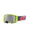 Alpinestars Supertech Corp Goggles Absolute Vision, motocross-glasögon, neongul ram med silverfärgad spegellins, grå rem med stor röd och vit stjärnlogotyp, med "ONE GOAL. ONE VISION." på linsen, hållbar design för terrängkörning