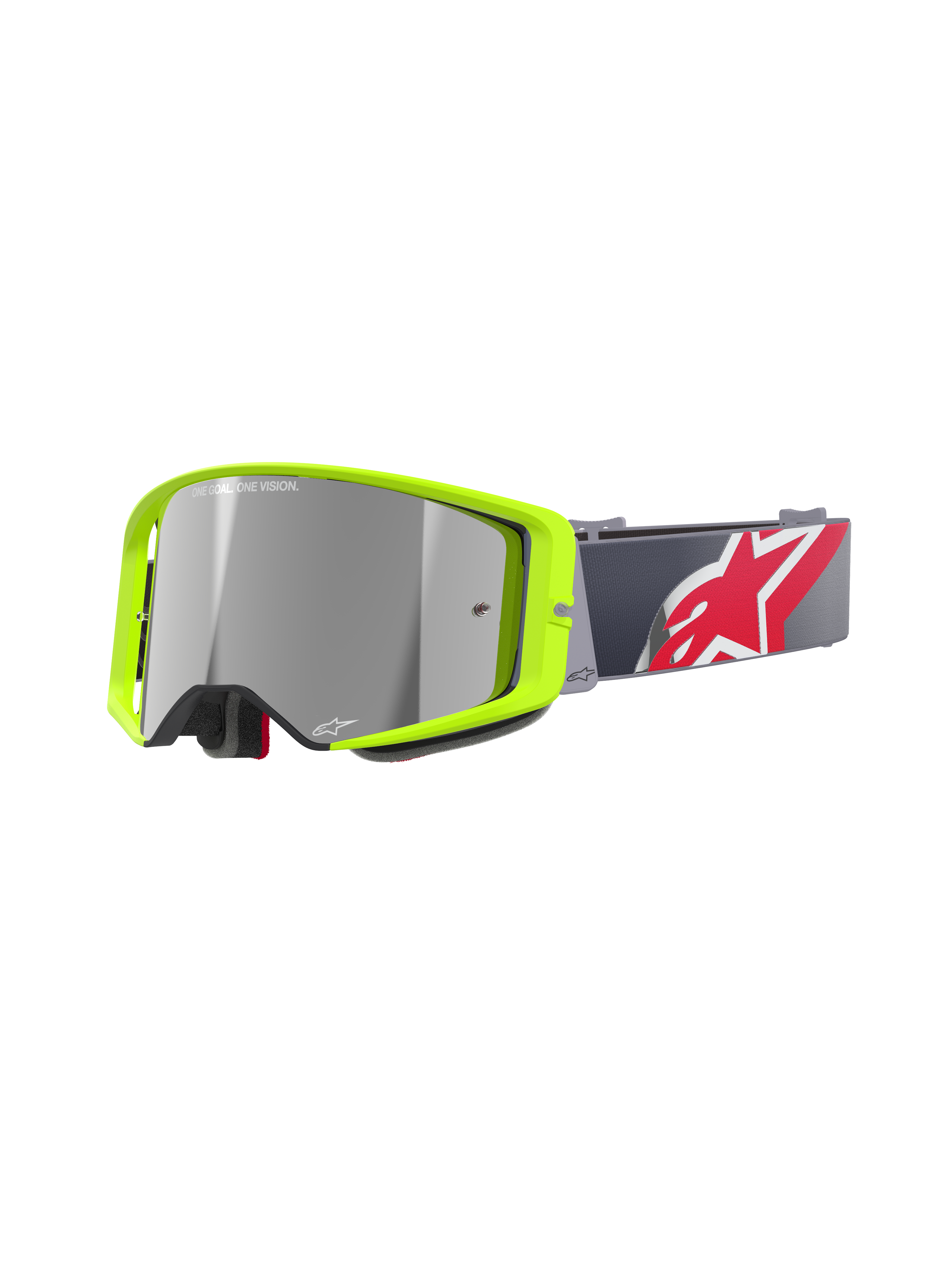 Alpinestars Supertech Corp Goggles Absolute Vision, motocross-glasögon, neongul ram med silverfärgad spegellins, grå rem med stor röd och vit stjärnlogotyp, med "ONE GOAL. ONE VISION." på linsen, hållbar design för terrängkörning