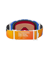 Alpinestars Supertech Corp Goggles Absolute Vision, vy bakifrån med ett orange och gult gradientband med vit 'ALPINESTARS ONE GOAL. ONE VISION.'-logotyp, blå och vita ramkomponenter, svart ansiktsskum i flera lager och varmtonad lins