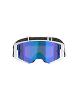 Alpinestars Supertech Corp Goggles Absolute Vision, motocrossglasögon, vit och blå ram med blå spegellins, med texten 'ONE GOAL. ONE VISION.' på linsen, svart och vit justerbar rem, högpresterande glasögon för terrängkörning