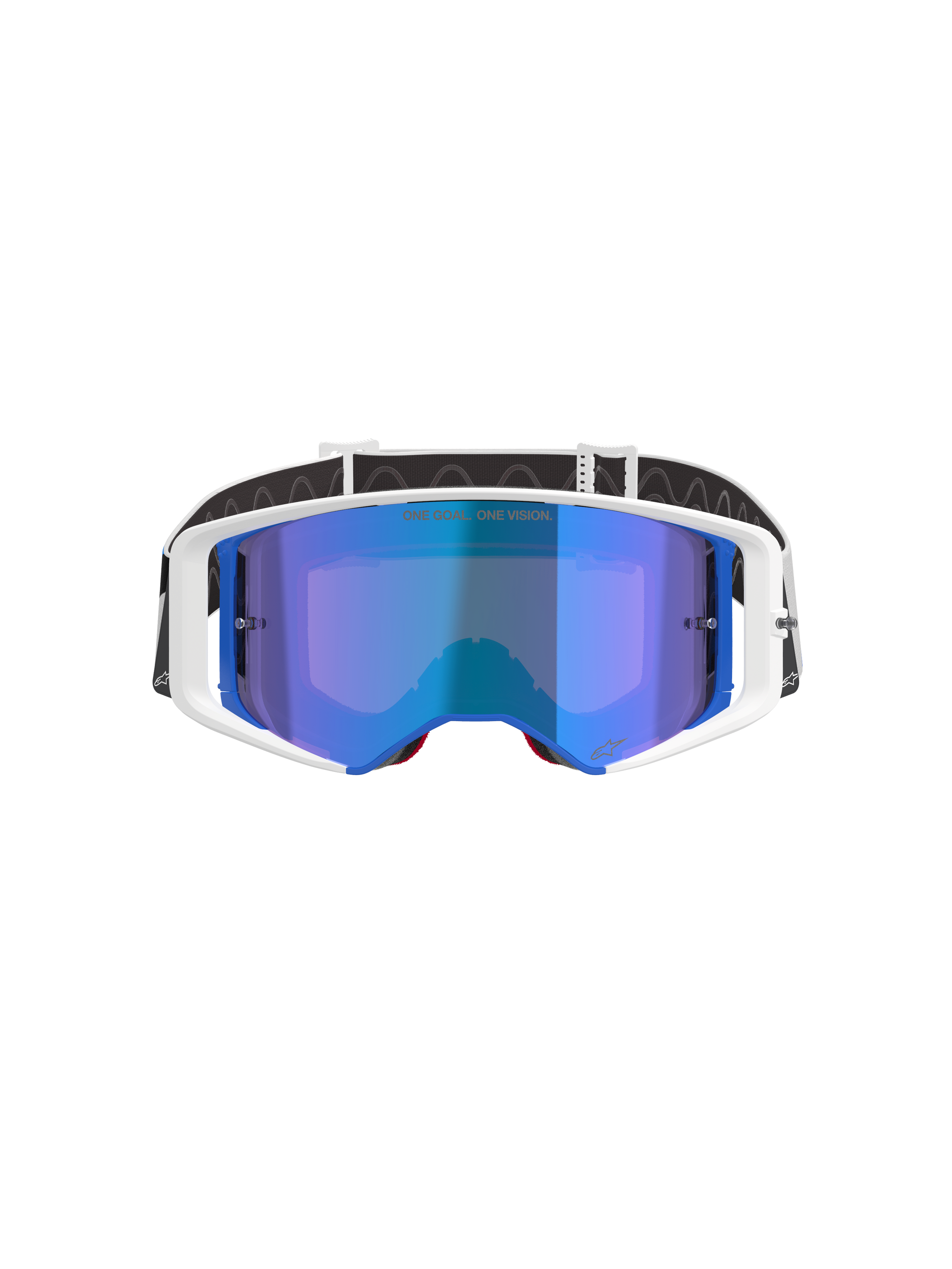 Alpinestars Supertech Corp Goggles Absolute Vision, motocrossglasögon, vit och blå ram med blå spegellins, med texten 'ONE GOAL. ONE VISION.' på linsen, svart och vit justerbar rem, högpresterande glasögon för terrängkörning