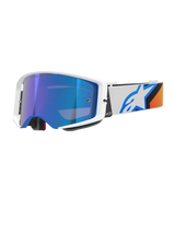 Alpinestars Supertech Corp Goggles Absolute Vision, motocrossglasögon, blå och orange med Mirror Blue-lins, vit och blå ram, bred vit rem med en framträdande blå stjärnlogotyp och orange detaljer, högpresterande ögonskydd för terrängkörning