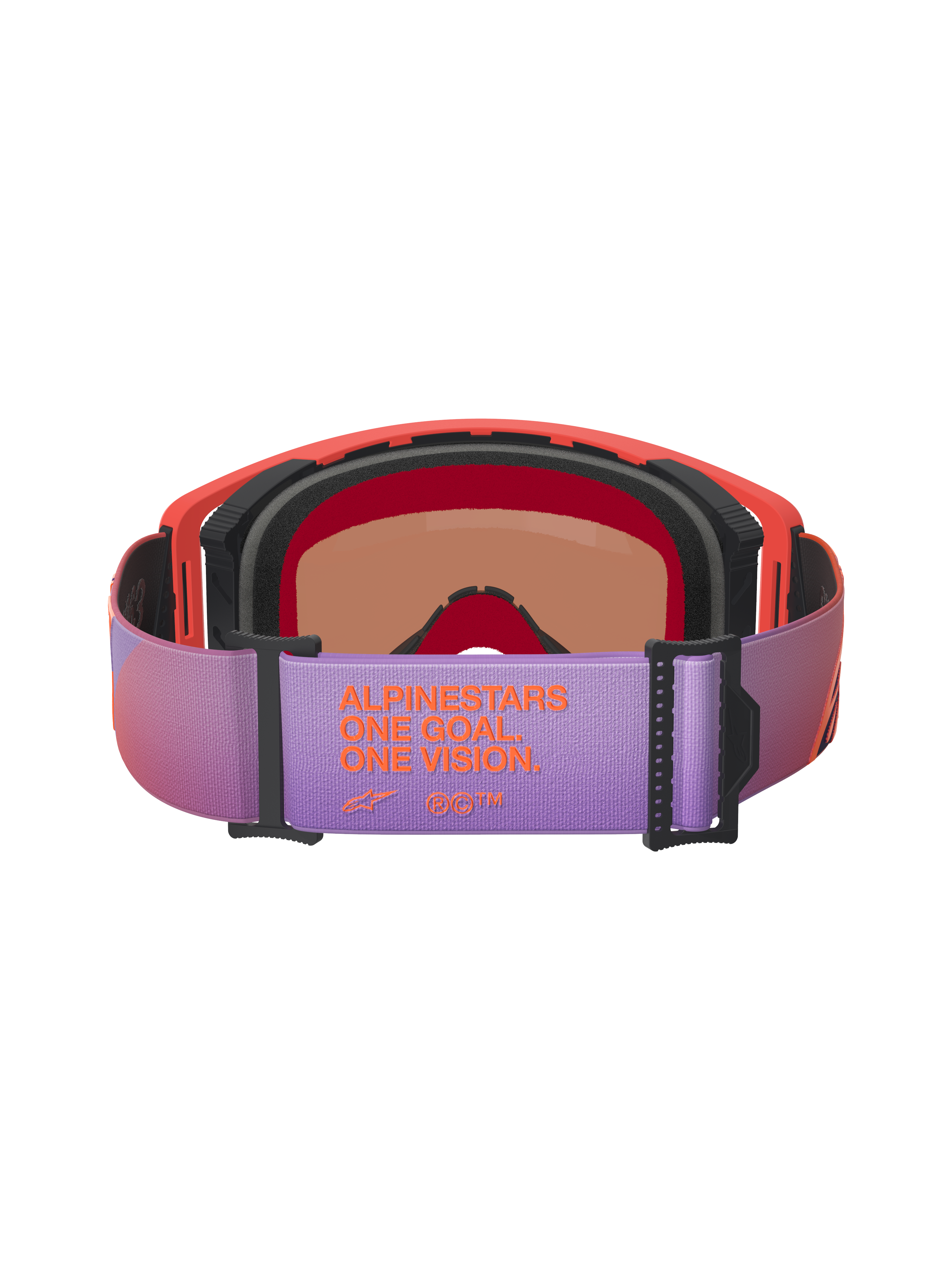 Alpinestars Supertech Vision Corp Goggles, motocrossglasögon, baksida med lila justerbart band och orange 'ALPINESTARS ONE GOAL ONE VISION'-märkning, korallfärgad ram med svart skum, högpresterande glasögon för terrängkörning