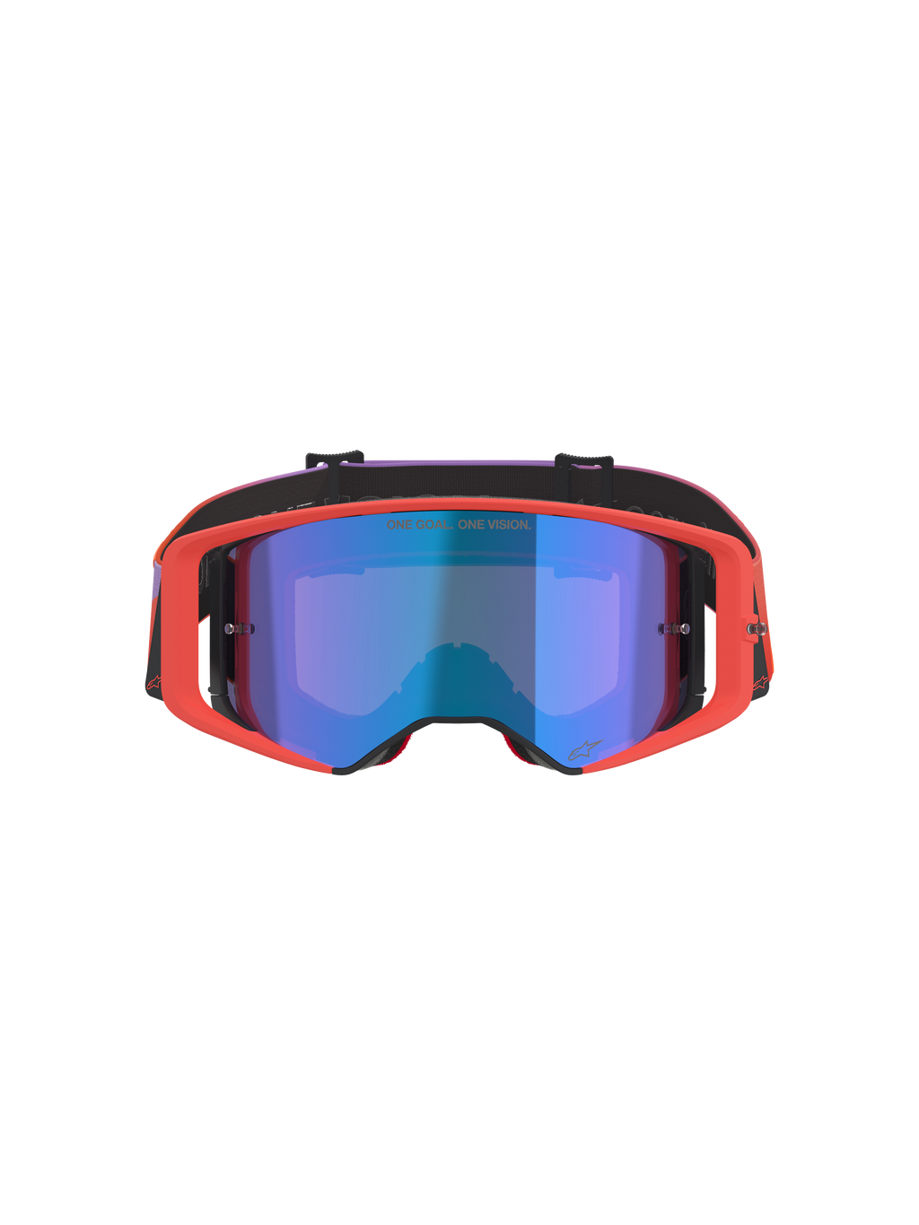 Alpinestars Supertech Vision Corp Goggles, motocrossglasögon, Hot Coral-ram med Mirror Blue-tonad lins, lila och orange gradient-band, med texten 'ONE GOAL. ONE VISION.', högpresterande ögonskydd för terrängkörning