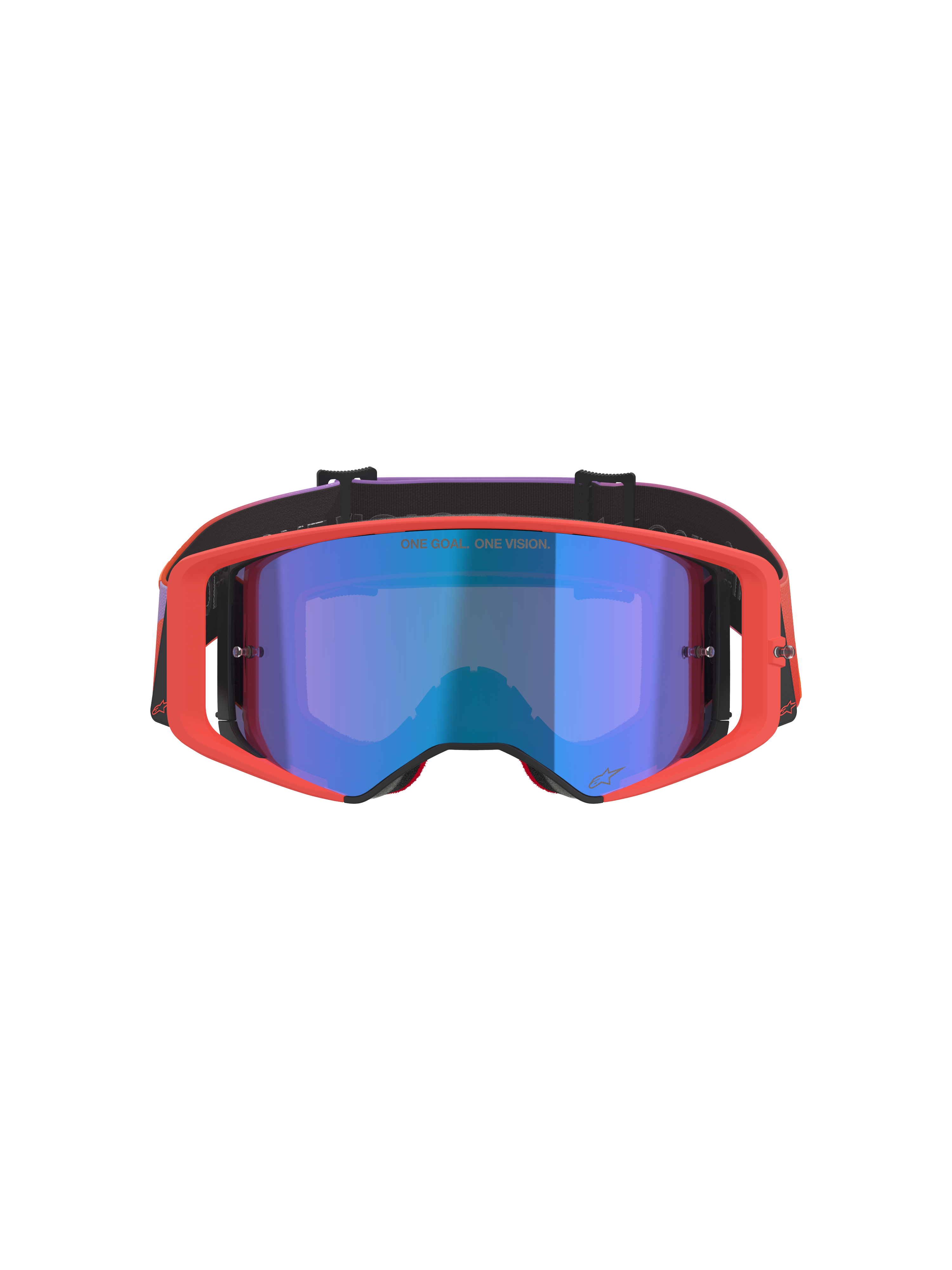 Alpinestars Supertech Vision Corp Goggles, motocrossglasögon, Hot Coral-ram med Mirror Blue-tonad lins, lila och orange gradient-band, med texten 'ONE GOAL. ONE VISION.', högpresterande ögonskydd för terrängkörning