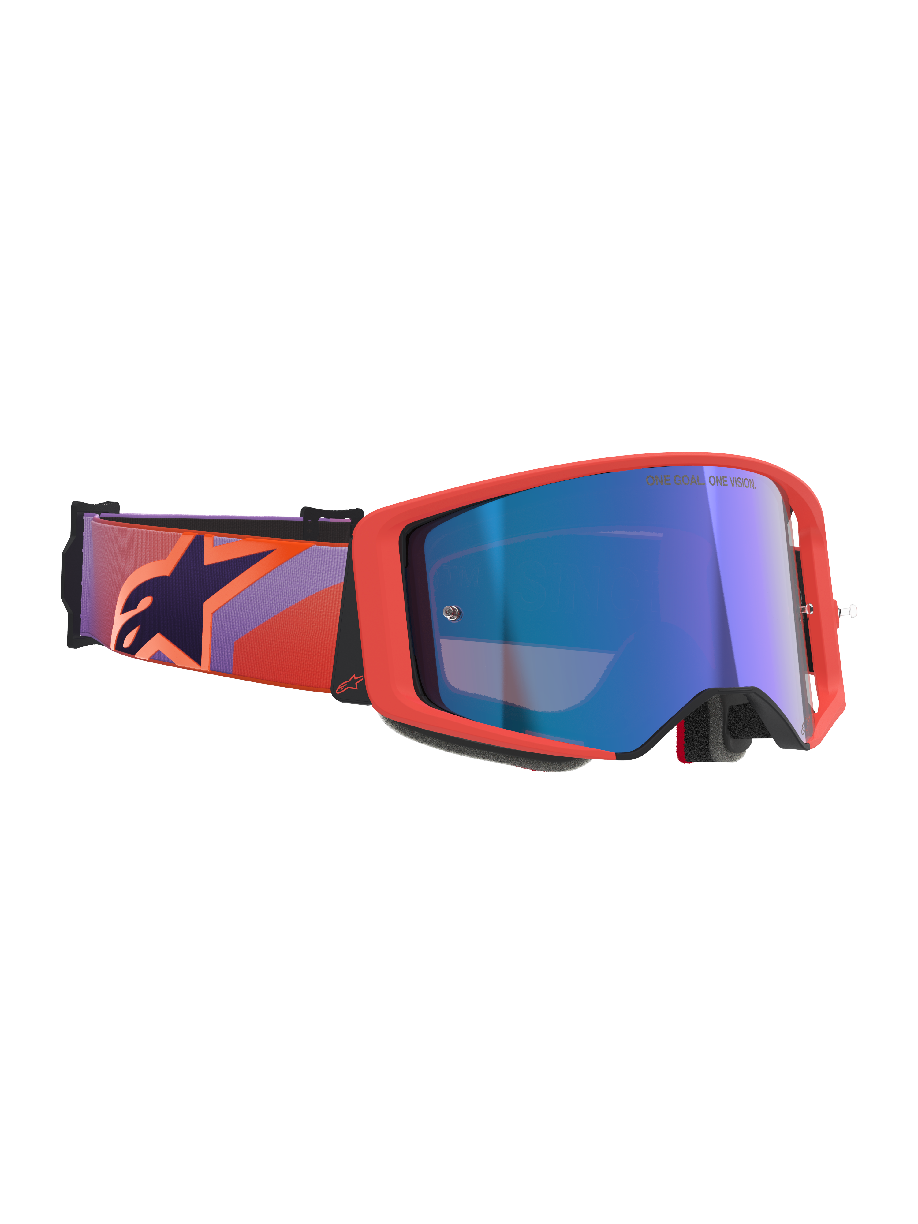 Alpinestars Supertech Vision Corp Goggles, motocrossglasögon, Hot Coral-ram och Mirror Blue-lins, lila- och korallmönstrat band med en mörkblå stjärnlogotyp, mästerskapsbeprövad design för terrängkörning